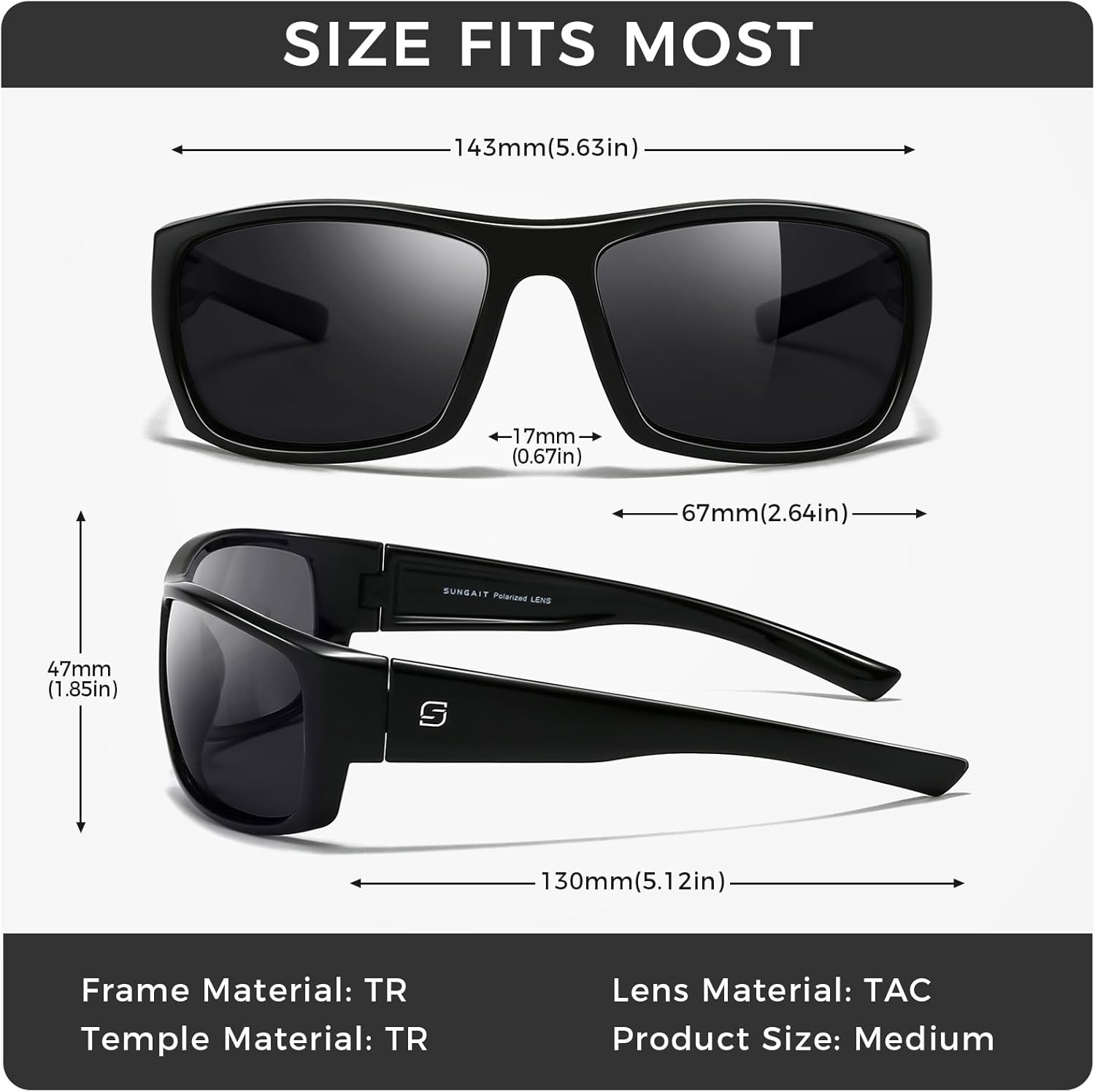 SUNGAIT Wrap around Polarized Sport Sunglasses for Men Womens Lightweight Rectangle Cycling Running - Bright Black Frame / Grey Lens image number 5