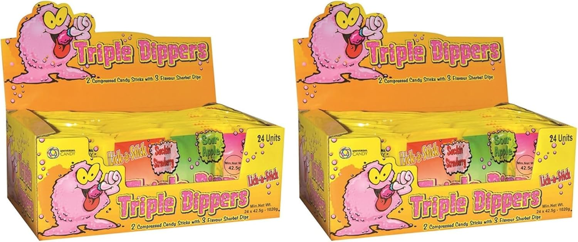 Universal Candy Triple Dippers Sherbet, Suckin Strawberry, Sour Apple & Chompin Cherry, 42.5 G, Pack of 24 image number 1