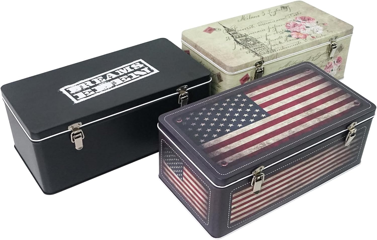 Dreamseden Tin Storage Box Set of 3 - Small Keepsake Box with Lid, 11.5L X 6W X 4.375H In, Vintage Decorative Memory Case Gift Boxes for Keepsakes Letter Photos Seed Tea Coffee image number 5