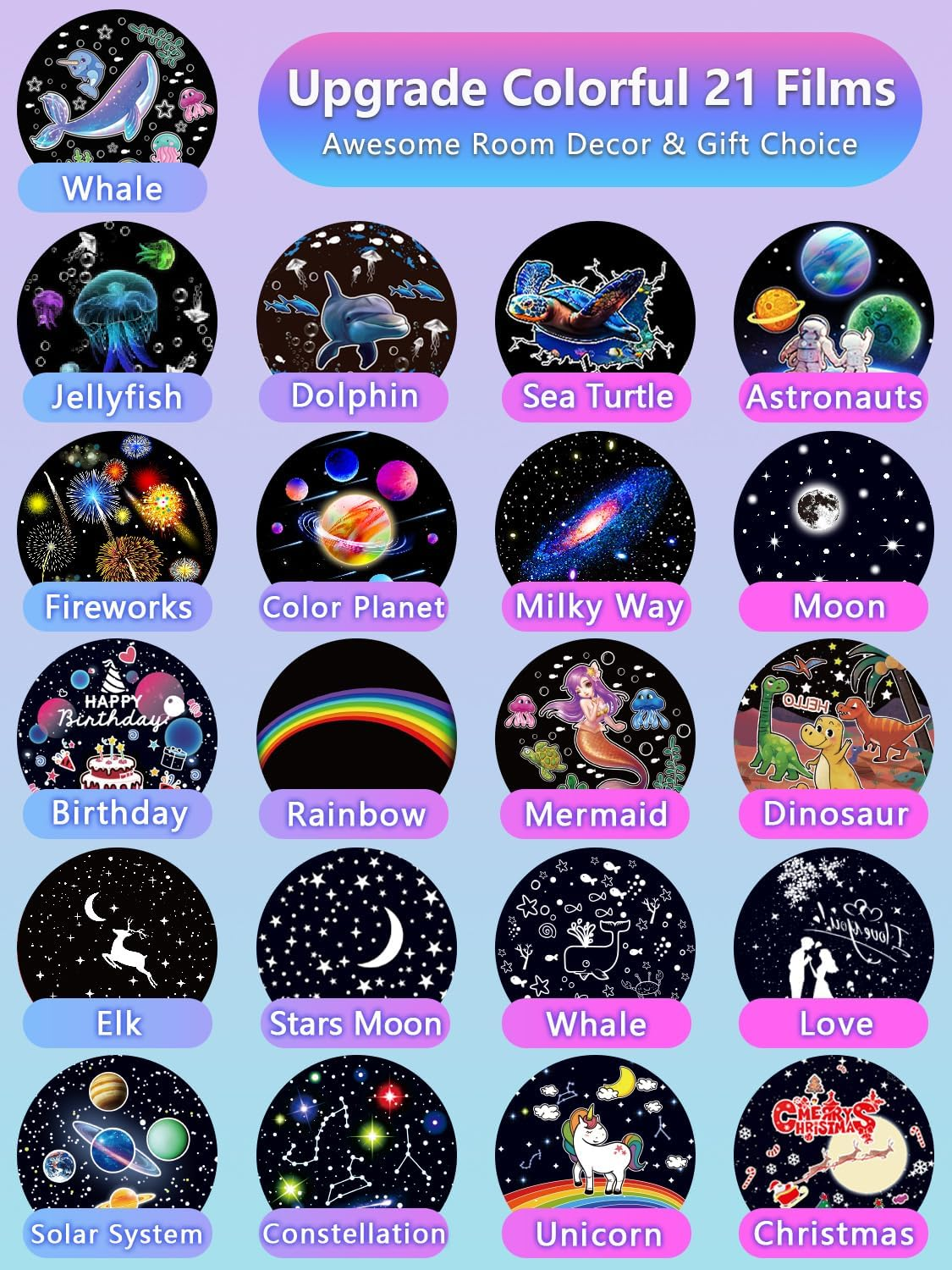 21 Sets of Films, Projector Night Light for Kids Bedroom, Baby Projector for Ceiling, Star Galaxy Projector with 360&deg; Rotation Dimmable for Kids Baby Girls, Birthday, Christmas, Nursery, Room Decor image number 2