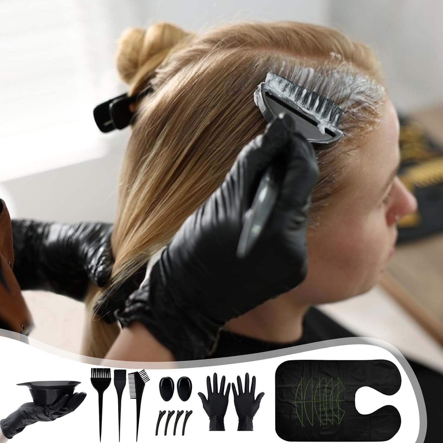 23-Piece Hair Dye Brush Set, Hair Dyeing Accessories, Hair Colouring Tool, with Silicone Hair Dye Cap, Hair Dye Brush, Hair Clips, Black Latex Gloves, Ear Plugs, Folding Bowl, Scarf, Bath Cap image number 3