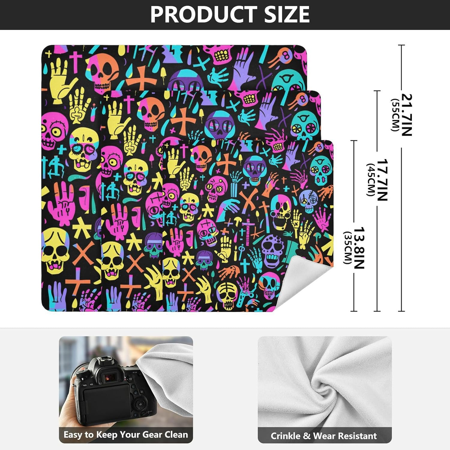 Guoche Magic Self-Adhesive Cosmetic Pouchs Cloth Funny Colorful Skeletons Skulls Doodle Black Organizer Wrap Camera Lens Cloth Wrapper Makeup for Women 21.7 X 21.7, Funny Colorful Skeletons Skulls image number 2