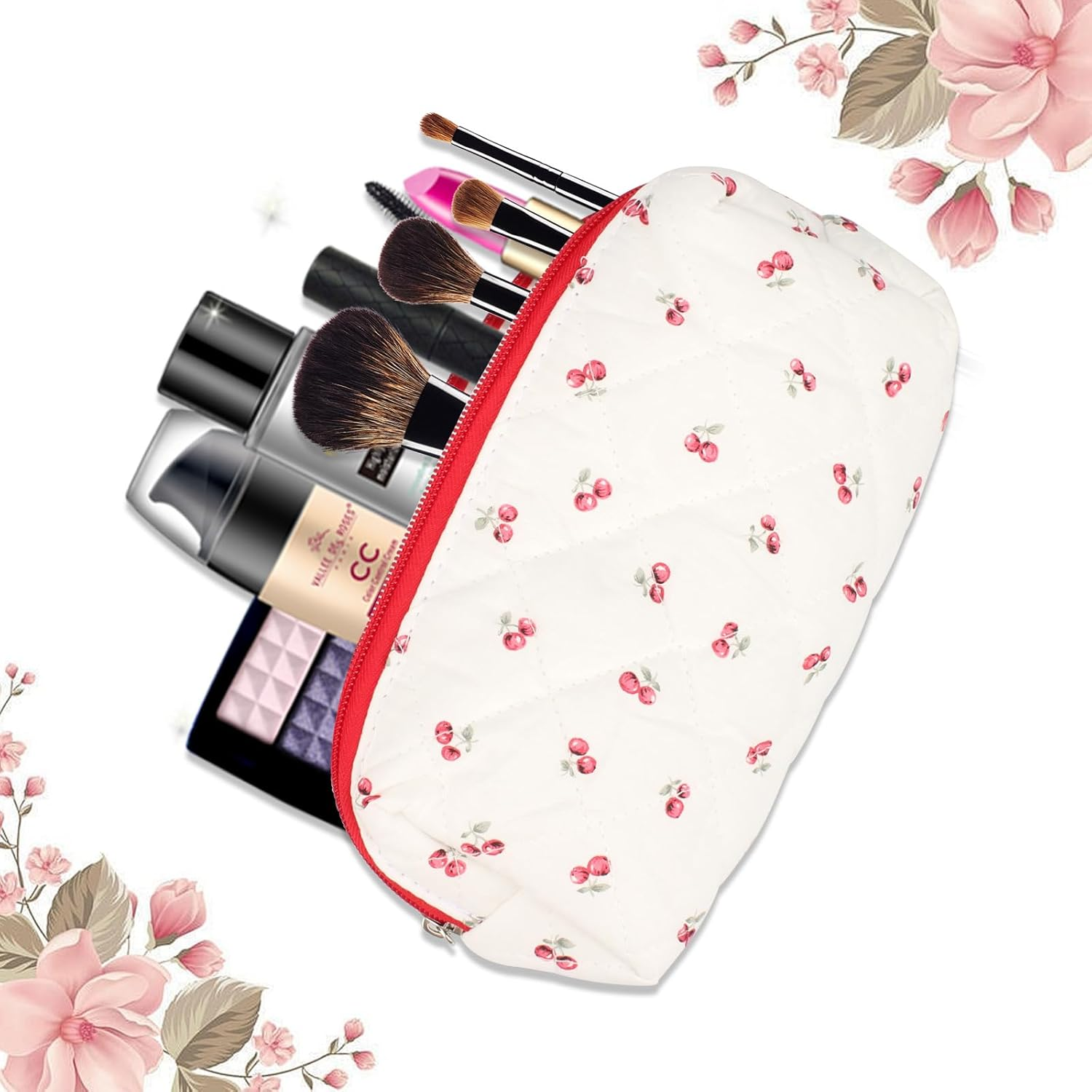 COZY CORE 3 Pack Quilted Cotton Makeup Bag Set, Cherry Travel Cosmetic Organizer with Toiletry Pouch, Portable Beauty Storage for Women Girls - Mothers Day Birthday Gifts (Cheery White) image number 2