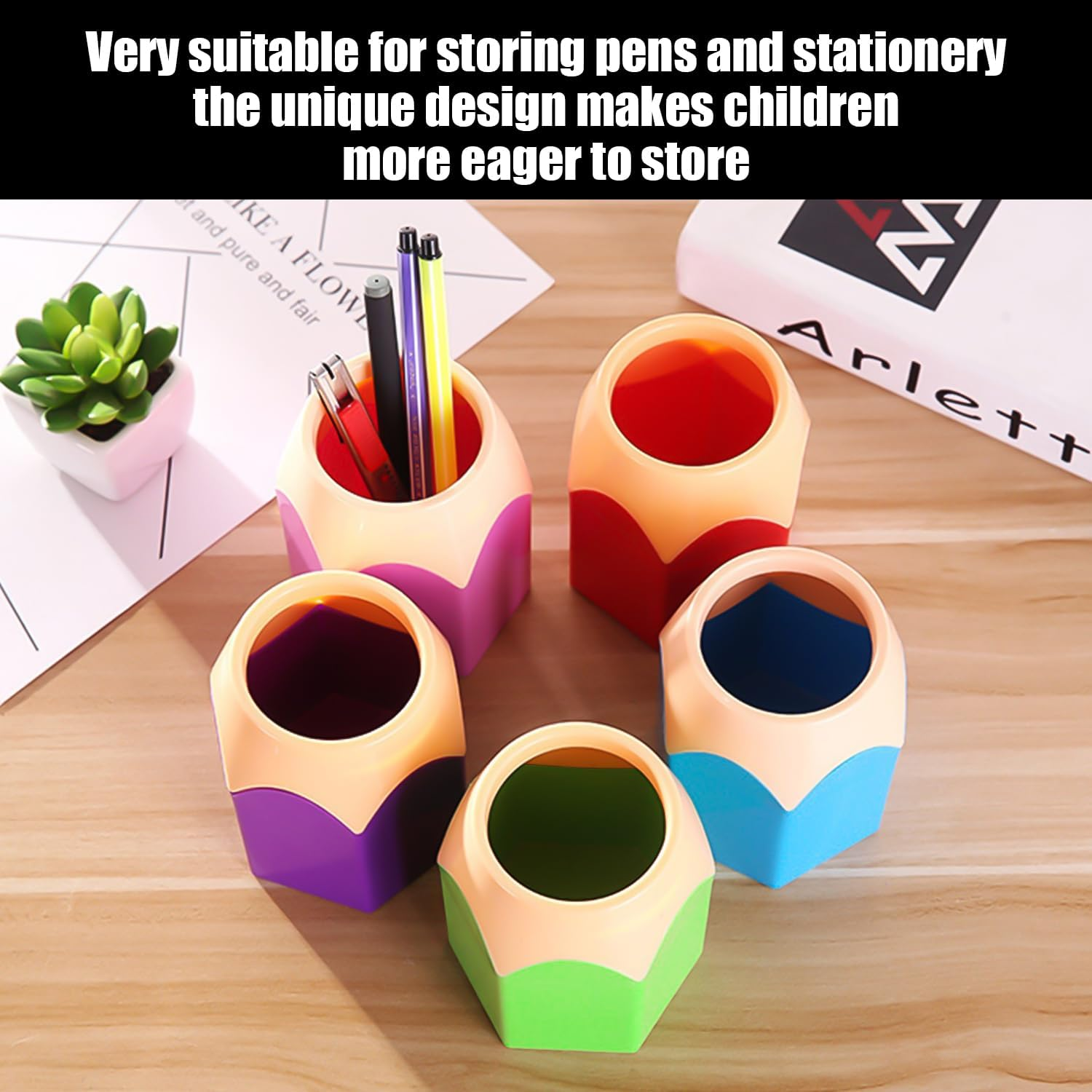 ZBHDEYG 5-Piece Contrast Color Pen Holder, Creative Pen Nib Design, Desk Storage Box for Stationery, Makeup Brush Storage, Office/Study Decor image number 3