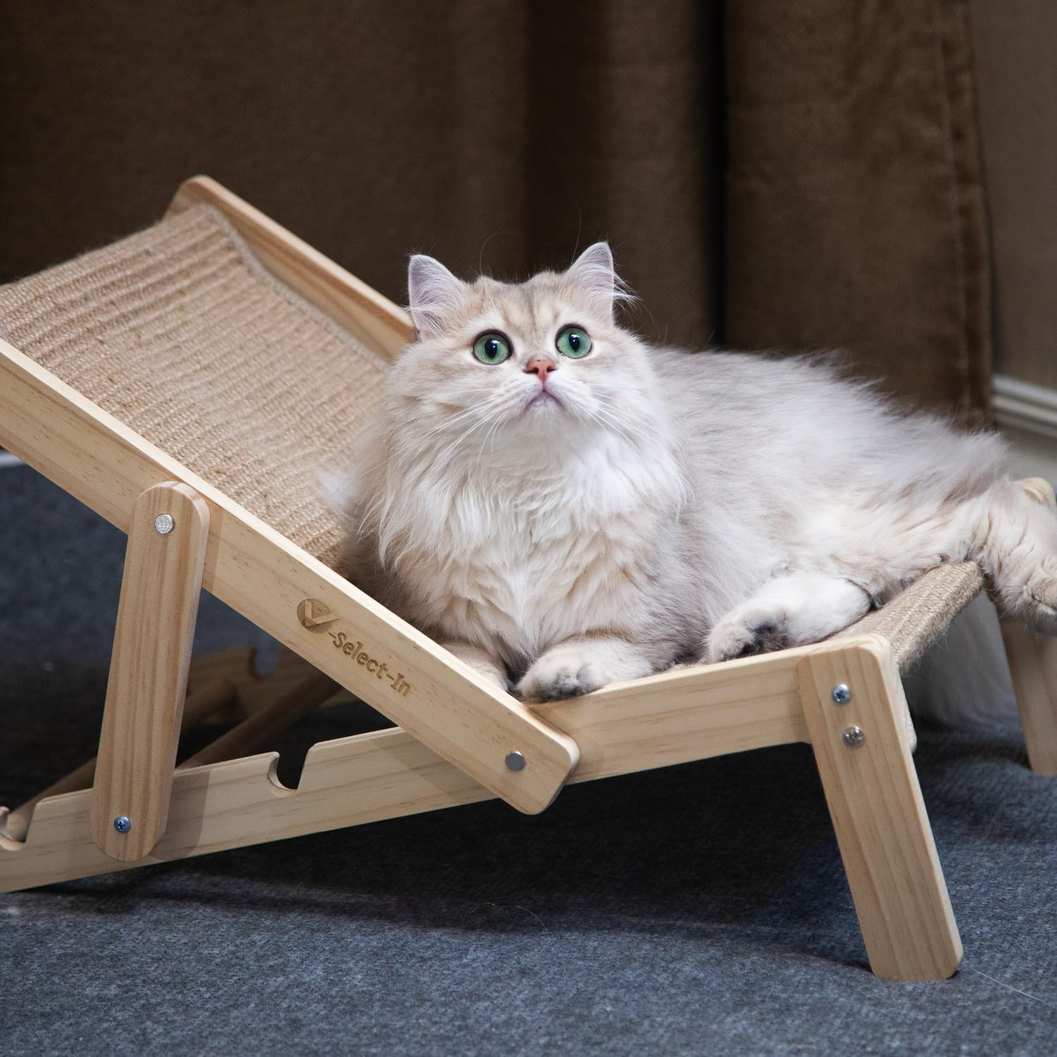 V-Select-In Cat Sisal Chair, Cat Hammock, Adjustable Cat Bed, Foldable Cat Lounger with Sisal Scratcher, Wooden Beach Cat Chair with Durable Scratching Mat, Cat Perch for Small Cats & Kittens. image number 2