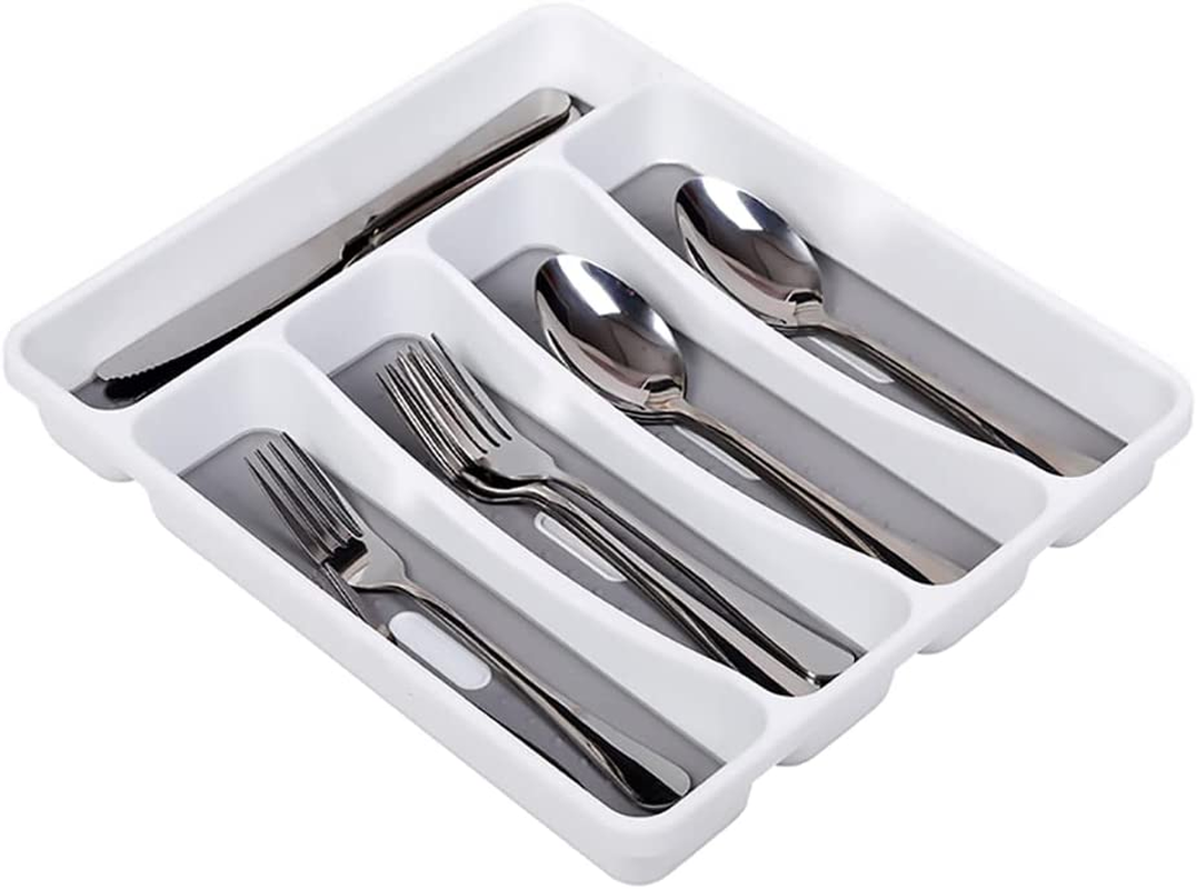 Compact Small Cutlery Tray Organiser, Utensil Holder for Drawers, Kitchen Silverware Drawer Organizer Divider for Spoons Forks & Short Knives, White Green