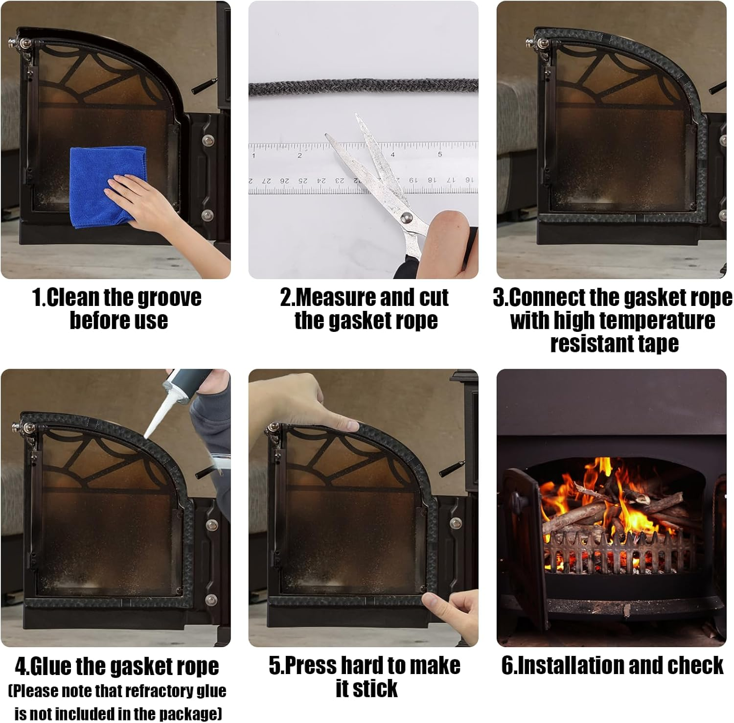 Fireplace Seal Rope, 0.31In X 9.84Ft Graphite Impregnated Fiberglass Rope Seal Gasket Replacement Wood Stove Door Gasket for Fireplaces Stoves Wood Burning image number 5