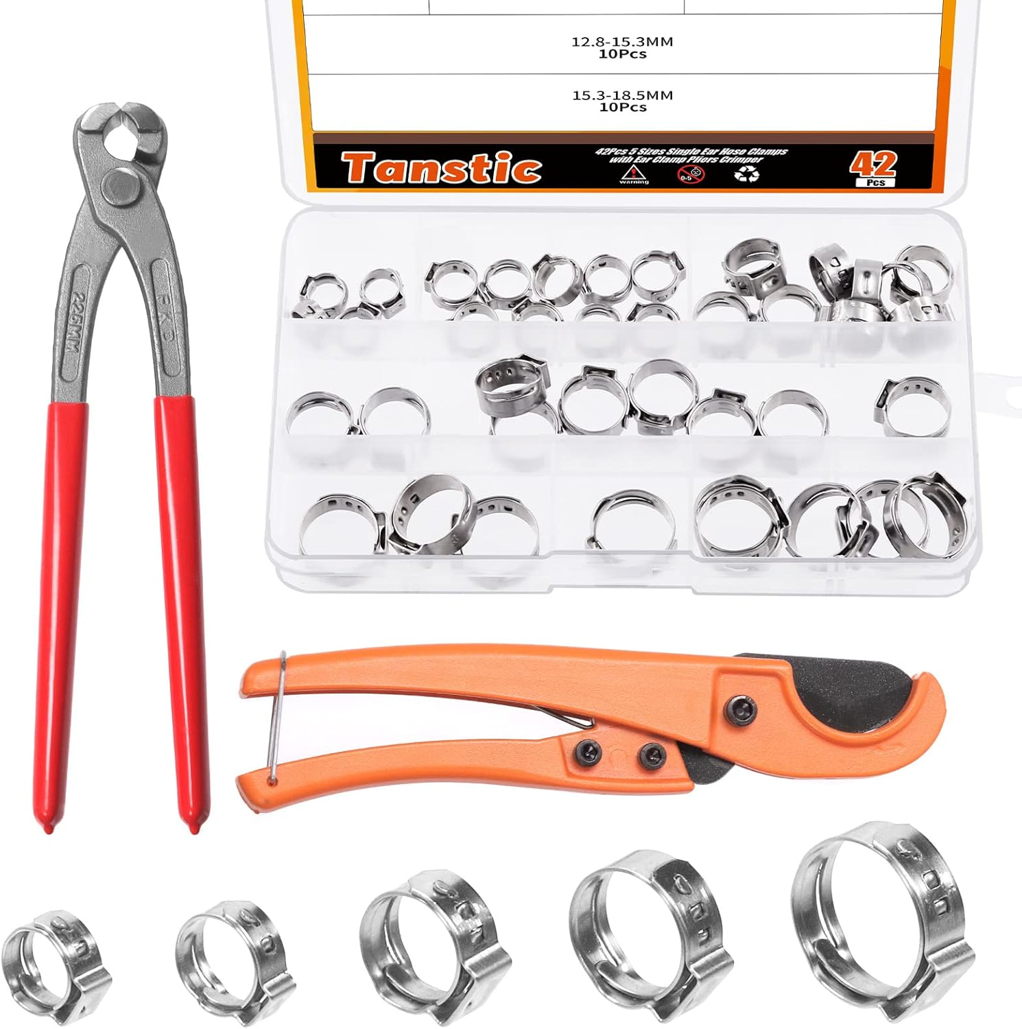 Tanstic 42Pcs 9 Inch Ear Clamp Pliers with 5 Sizes 304 Stainless Steel Single Ear Hose Clamps and PEX Tube Cutter, Pincer Crimper Tool Ear Clamp Pliers Crimper Nail Puller
