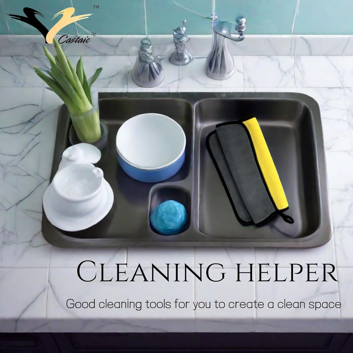 Castaic 6 Pcs Ultrasoft, Large, Thick Microfiber Towels,Water Absorbing, for Household Cleaning, Dual-Sided Car Washing and Detailing Towels (Fluorescent Yellow) image number 3