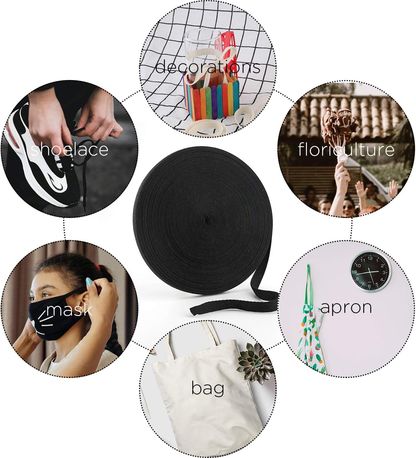 LUTER 50 Yard Twill Tape Ribbon, Herringbone Tape Ribbon Natural Cotton Webbing Tape Bias Binding Tape for DIY Crafts Sewing Supplies (Black, 1/2 Inch) image number 2