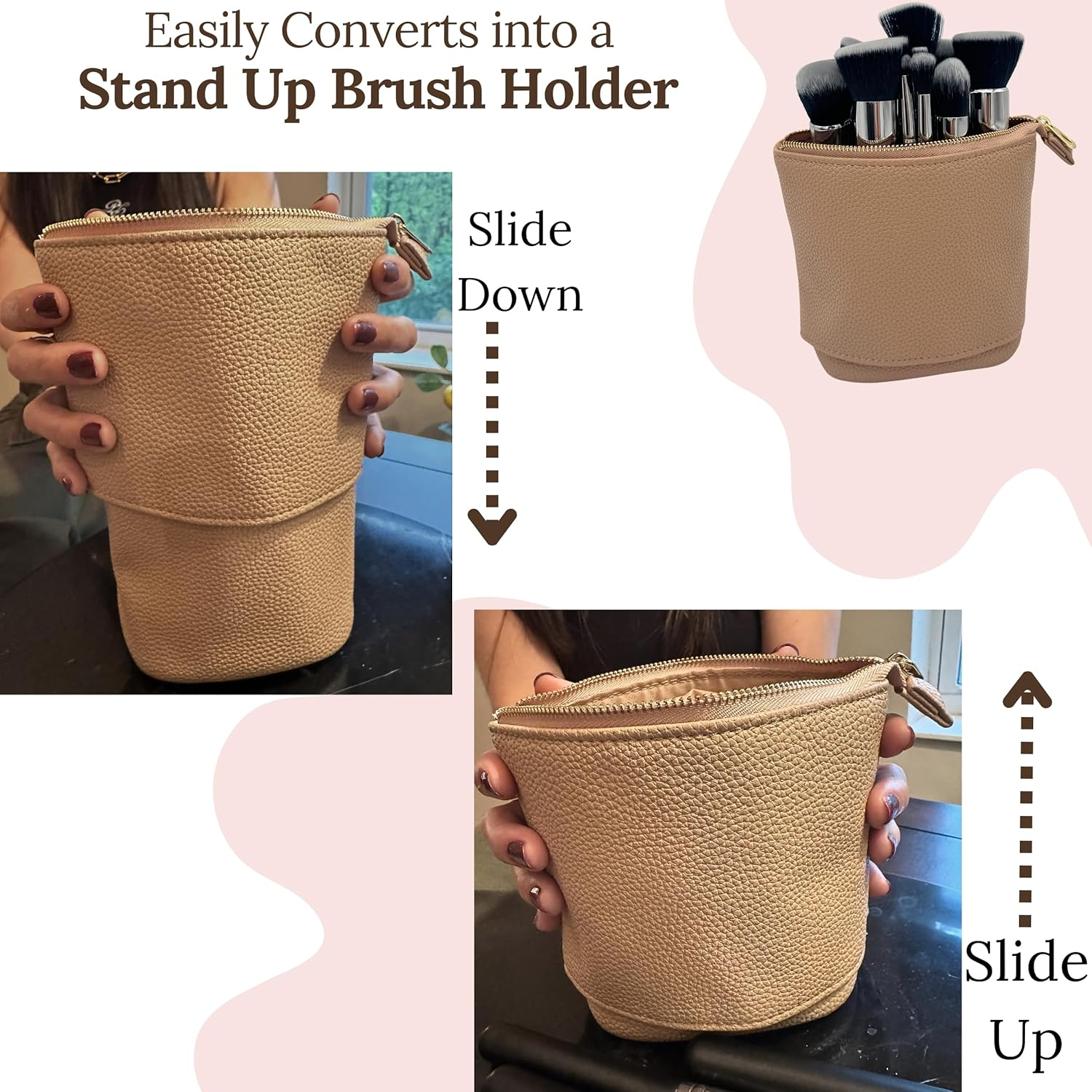JAZD Travel Makeup Brush Bag Standup Brush Holder Portable Convertible Make up Brush Pouch Cosmetic Case, BEIGE, Minimalist Multipurpose - Beige image number 4