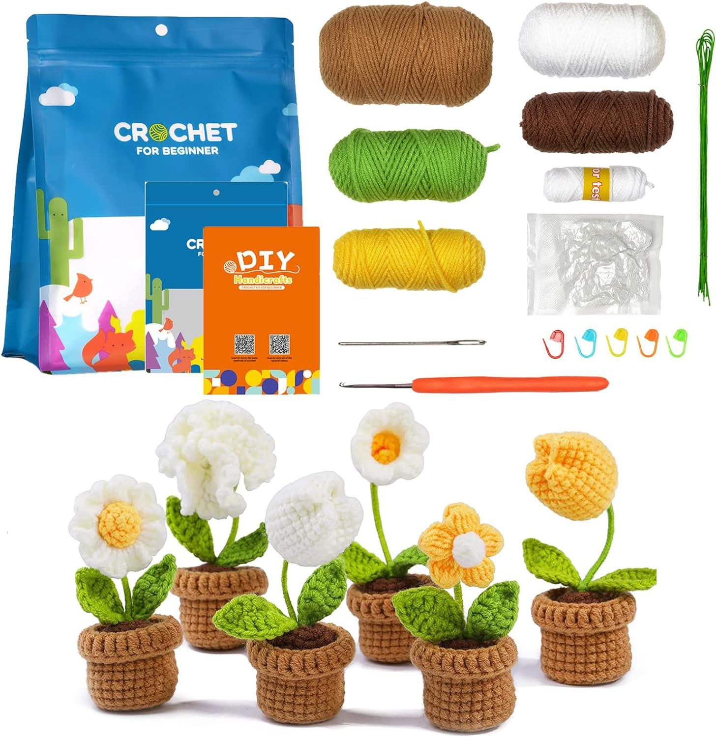 ZIENVE Crochet Kit for Beginners: Potted Plants Flowers, Easy Crocheting Starter Kit with Step-By-Step Instructions and Video Tutorials for Adults