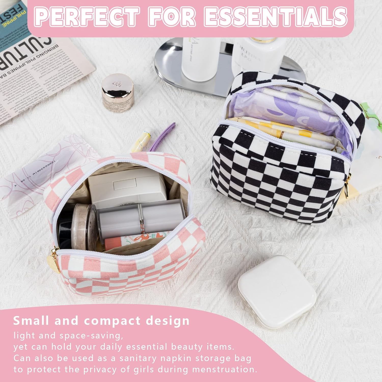 Desing Wish Women'S Make up Bag Small, Pink and Black Checkerboard Pattern - Pack of 2, Mini