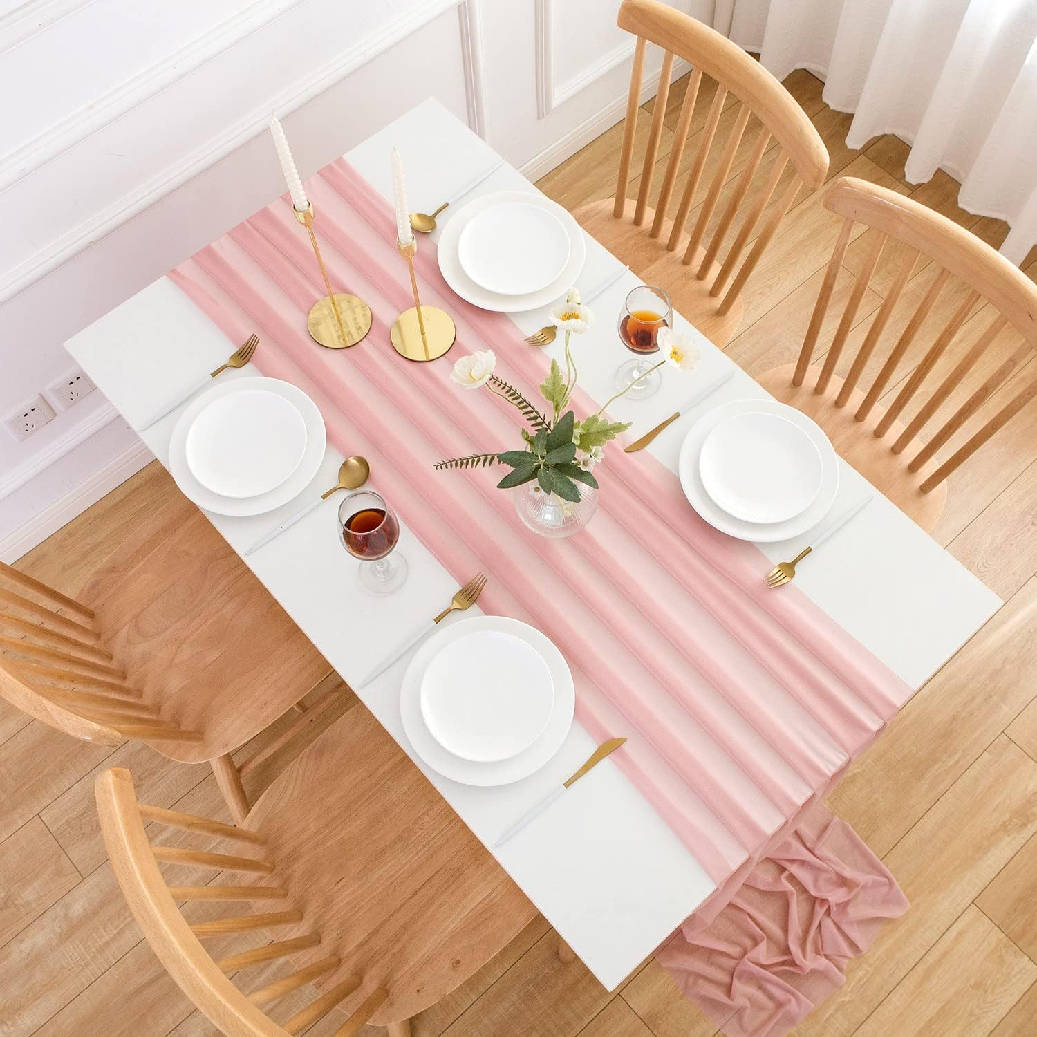 AOKSUNOVA Pink Table Runner Chiffon Wedding Table Runner for Table Decoration Party Baby Shower Decorations for Girl 3M X 70Cm image number 1