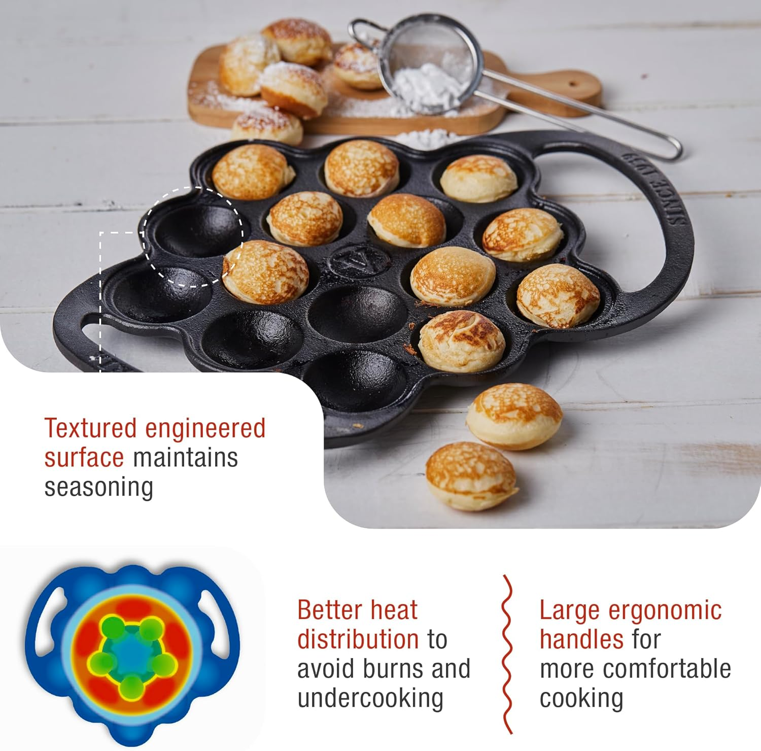 Victoria Cast-Iron Poffertjes Dutch Pancake Pan with Loop Handles, Preseasoned with Flaxseed Oil, Made in Colombia image number 4