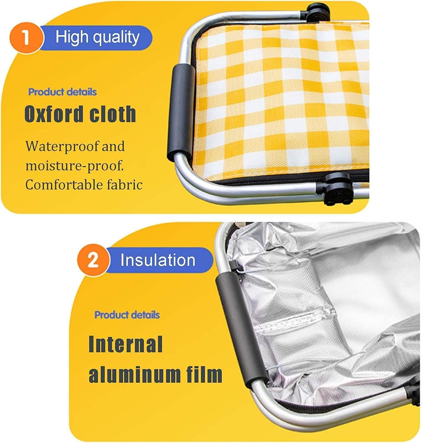 Insulated Cooler Bag-Folding Picnic Basket with Handle，Waterproof Lining - Collapsible Designfor Camping, Trips, Shopping, Outdoor Activities (Yellow) image number 2