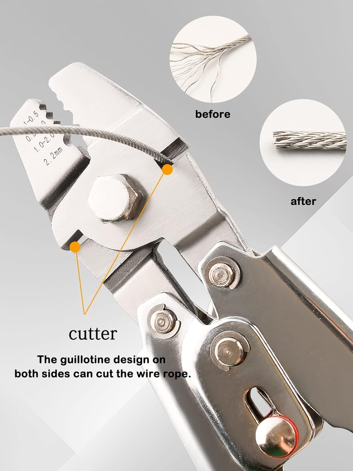 Wire Rope Crimping Tool Kit, Wire Rope Swager Crimper up to 2.2Mm with Aluminum Double Barrel Ferrule Crimping Loop Sleeves, Stainless Steel Thimbles and Cable Cutter for Cable Crimping image number 4