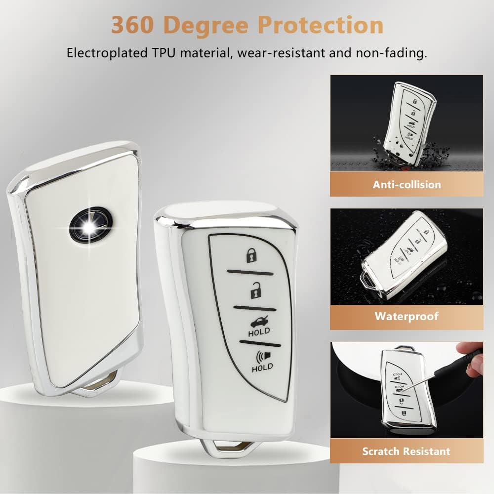 PIFOOG Lexus Key Fob Cover Bling Keychain TPU Car Keys Case Shell Protector Protection for Lexus GX ES NX LC RC LS UX Accessories 4 Buttons, White and Silver Edge, for Lexus