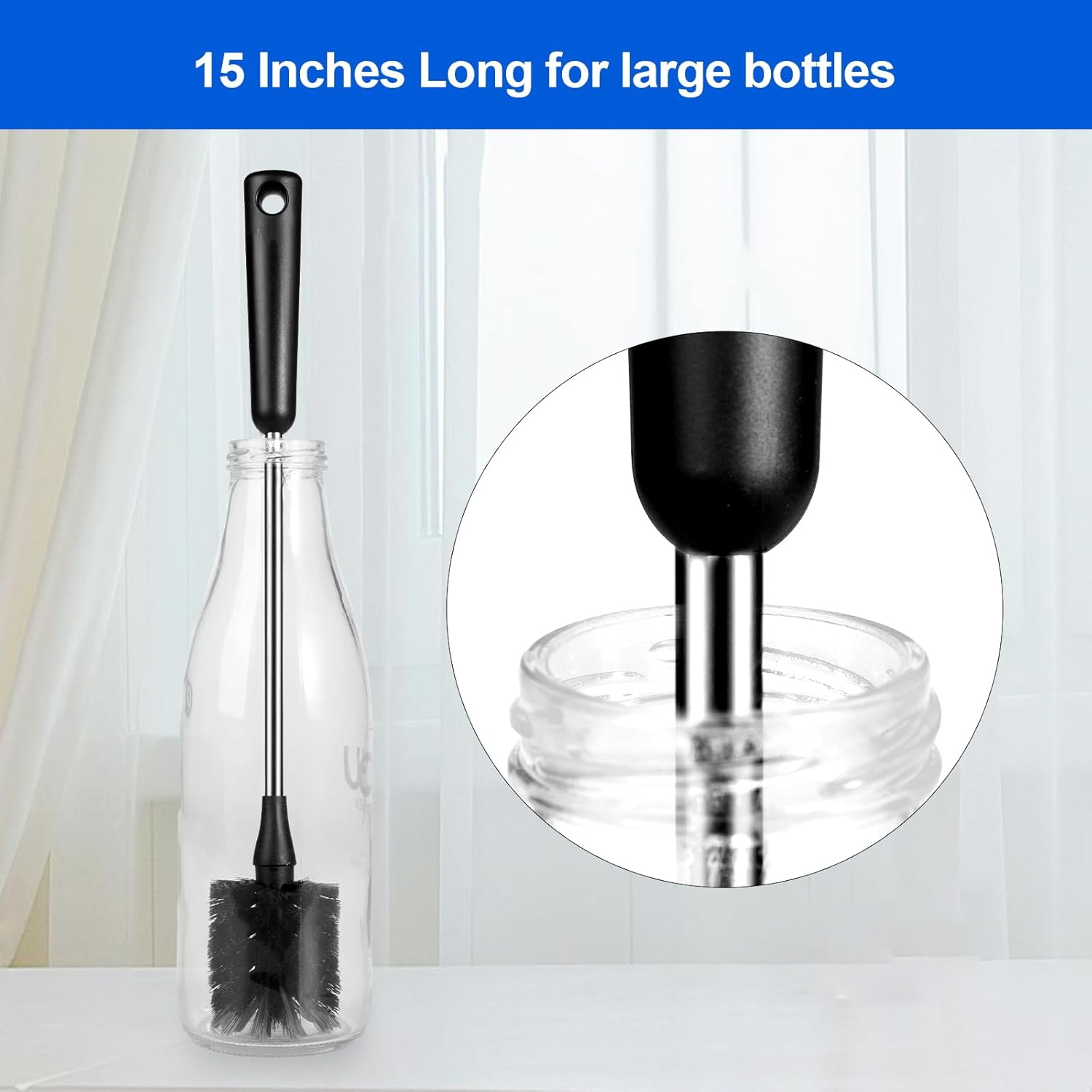 Bottle Brush, Long Stainless Steel Handle Water Bottle Brush Cleaner, Sports Bottle Scrubber, Kitchen Scrub Cleaning Brushes for Beer Bottles, Cups, Wine Glasses, Coffee Mugs, Tumblers, Thermos image number 5