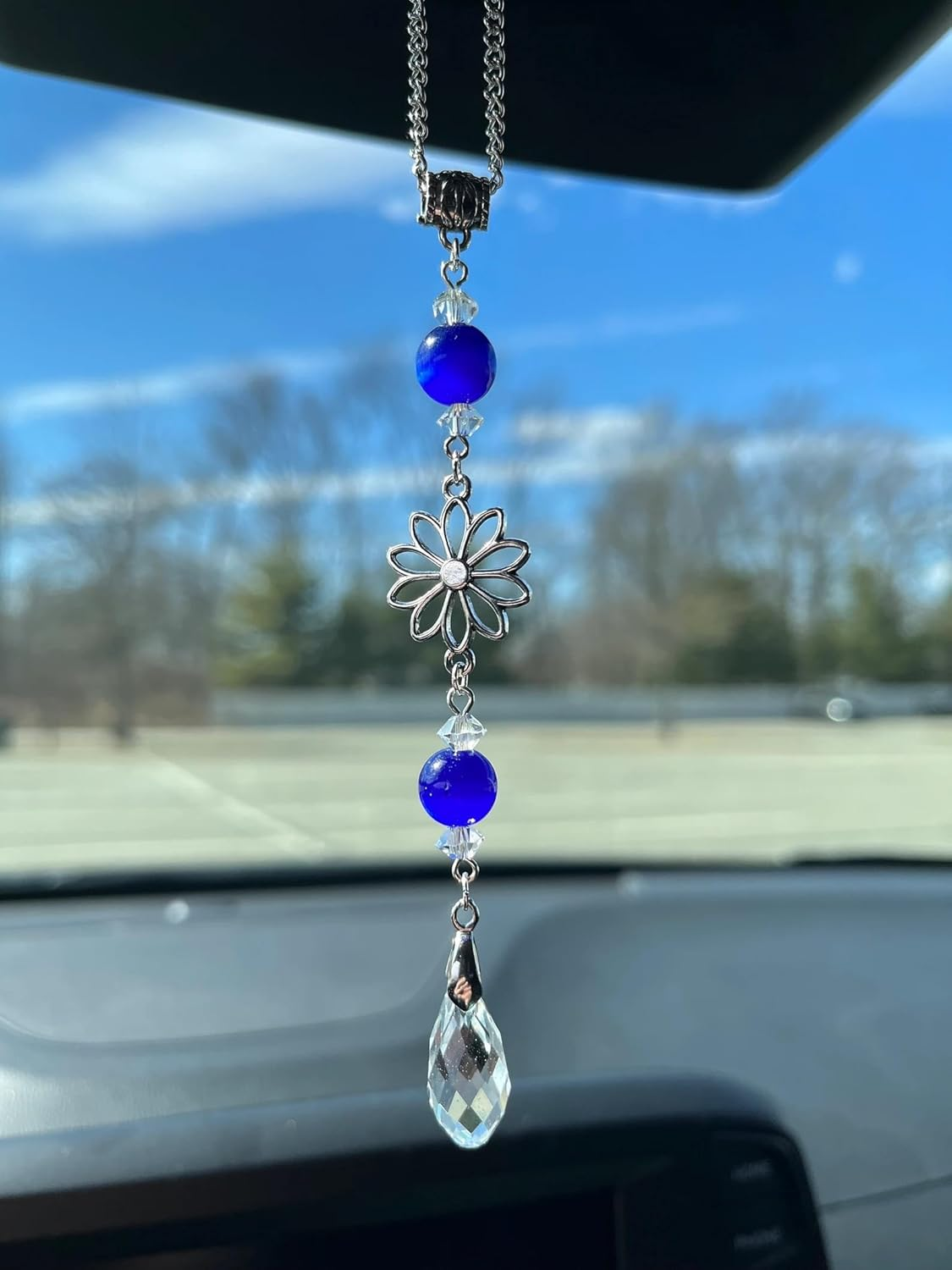 Agromusk Flower Rear View Mirror Car Charms,Crystal BOHO Car Mirror Hanging Decor for Women Men Healing Blue Aquamarine Sun Catcher Cute Car Decorations Accessories