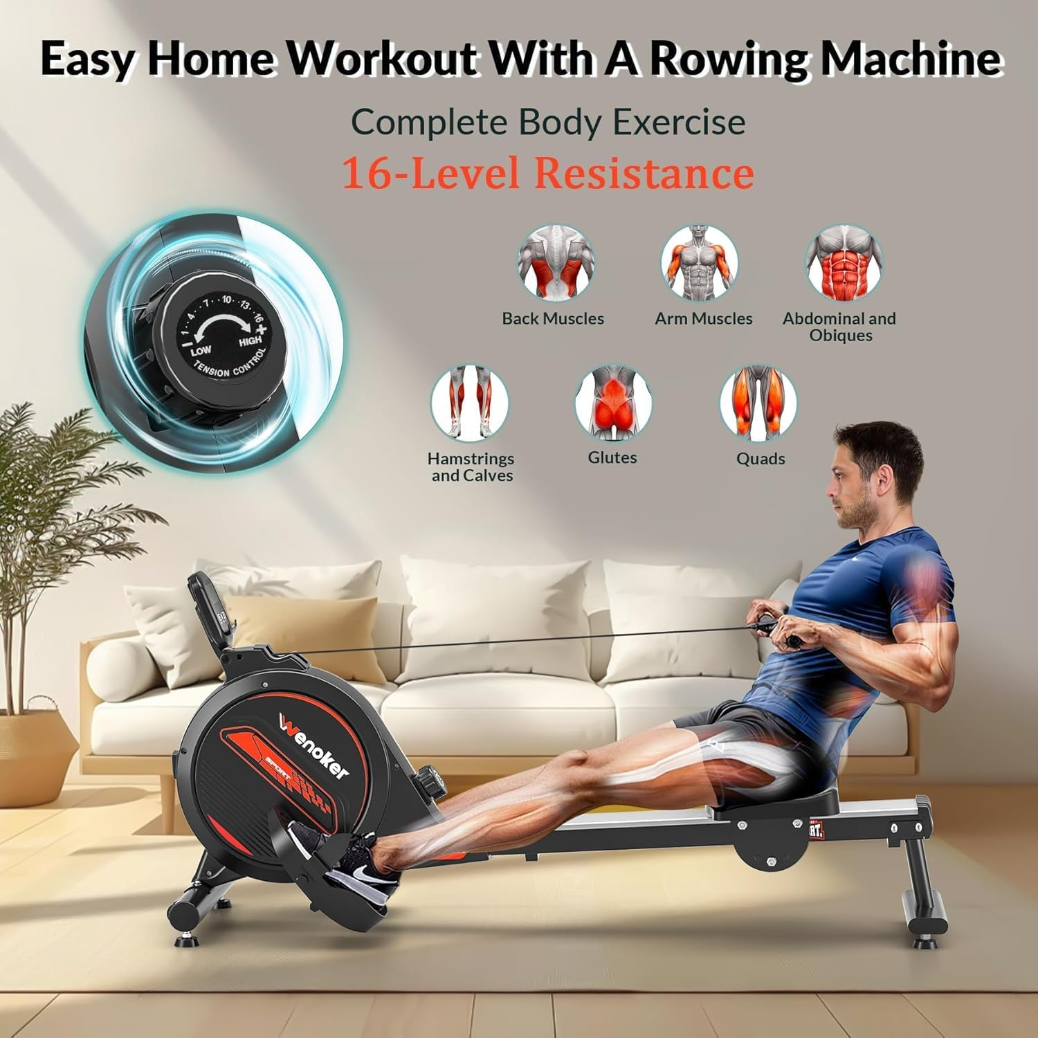 Rowing Machine,Wenoker Magnetic Rower Machine for Home,350 LB Weight Capacity, Smooth Whisper Quiet with Digital Display Tablet Holder & Comfortable Seat Cushion, Compact and Saves Space image number 1