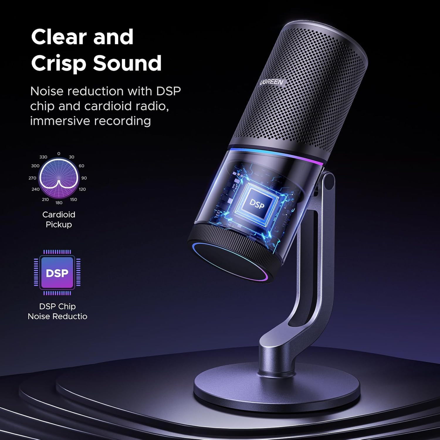 UGREEN Condenser Microphone for PC, USB Mic with RGB Lights, Mute Button, 24Bit/96Khz, Cardioid Polar Pattern, Volume Control, for Streaming, Gaming, Podcasting, Recording, Laptop, PS5 image number 5