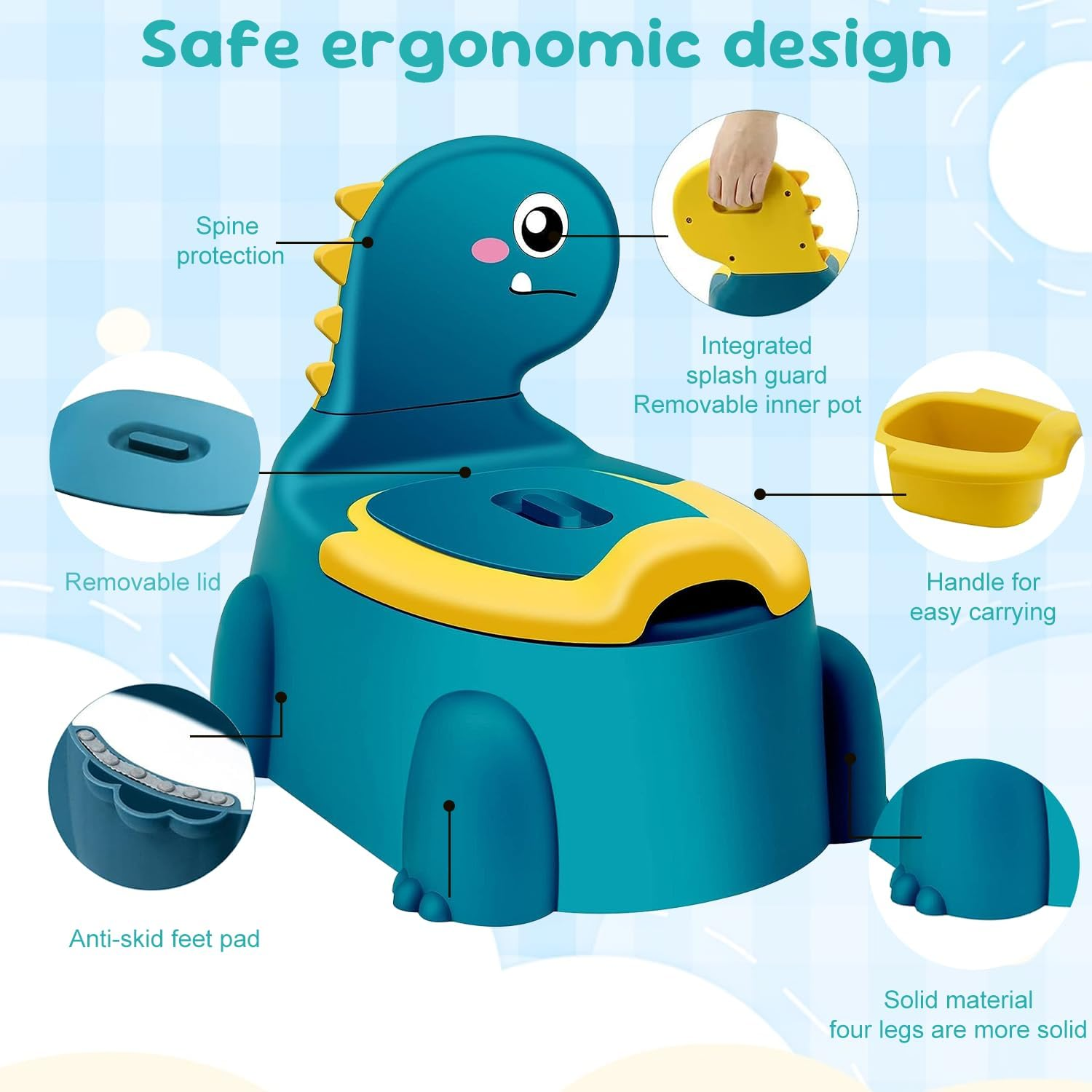 Kids Potty Seat - Dinosaur Potty Training Seat with Lid, Comfortable Toddler Toilet Seat for Boys and Girls Aged 1-6 Years Old(Light Blue) image number 6