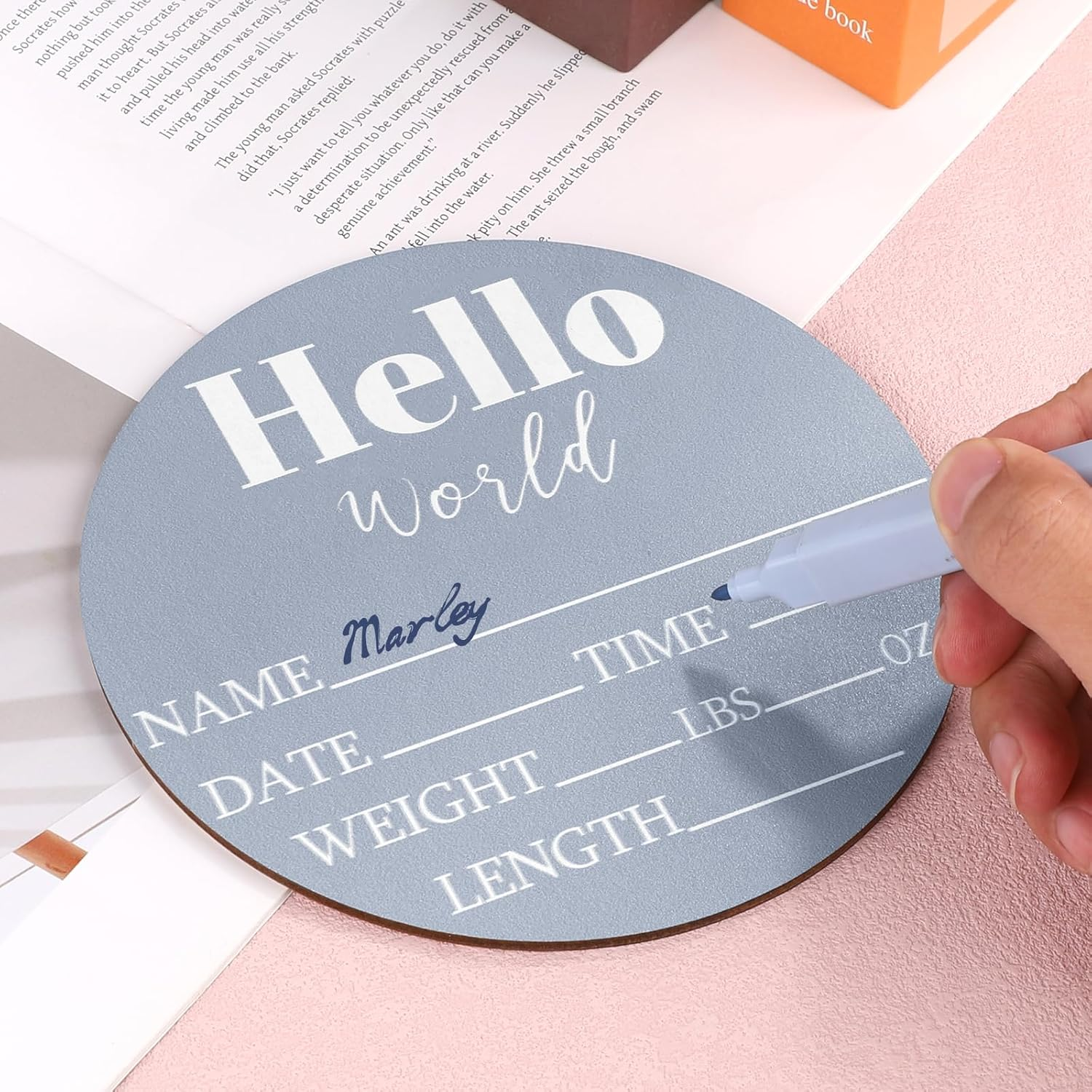 NQEUEPN Wooden Baby Announcement Sign, 5.9 Inch Hello World Newborn Sign Birth Announcement Signs Baby Name Plaques Decoration for Photo Props Baby Shower Hospital Nursery Room (Blue), 22404