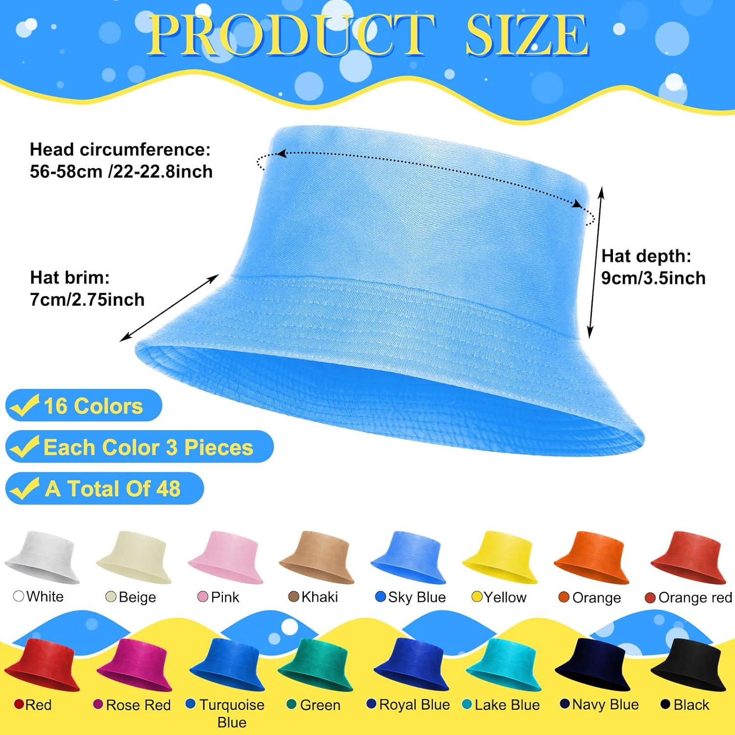 48 Pieces Bucket Hats Unisex Cotton Wide Brim Sun Bucket Hat Summer Fisherman Cap for Men Women Teens Outdoor Travel Beach Vacation Accessory, 16 Colors Colorful, Colorful, Medium image number 3
