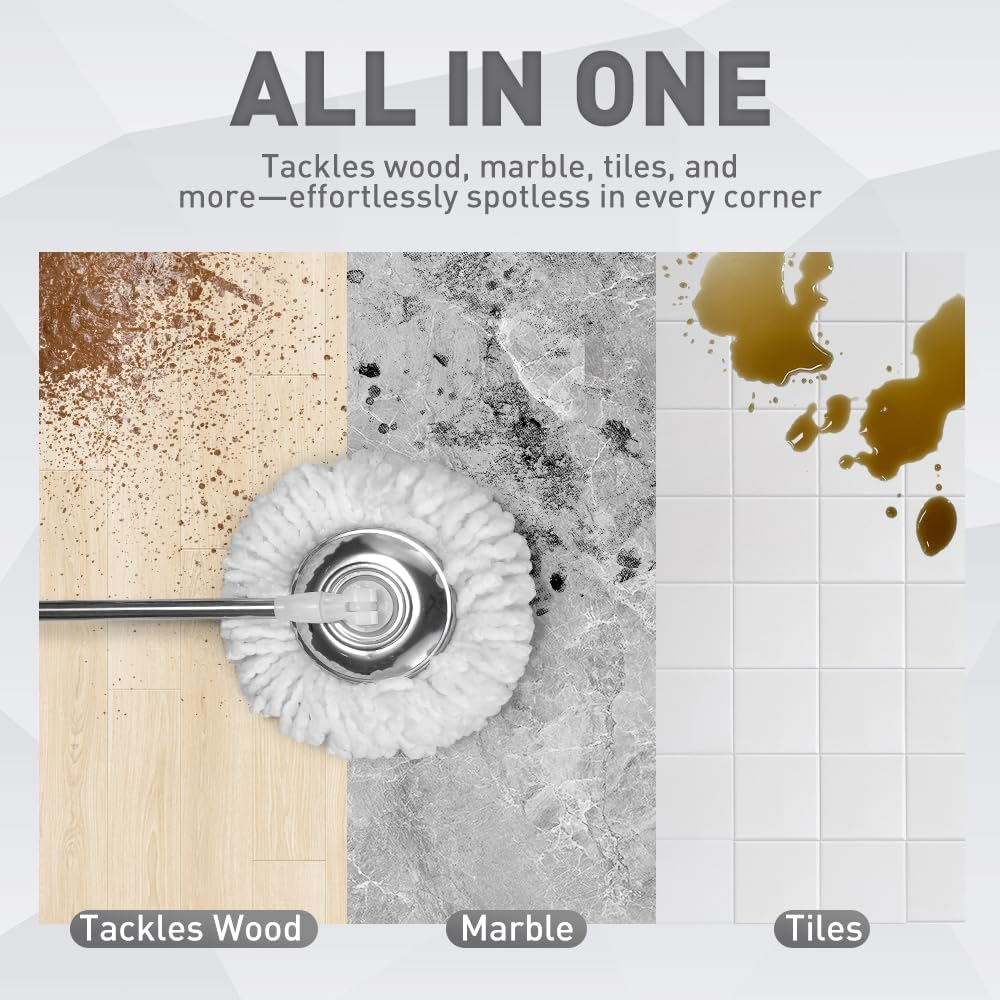 ZUNI 360&deg; Spin Mop and Bucket Set with 3 Microfiber Replacement Head Refills, Wet Dust Mop Set with Adjustable Stainless Steel Handle, Spinning Mop Bucket for Home Cleaning, Green - Green image number 5