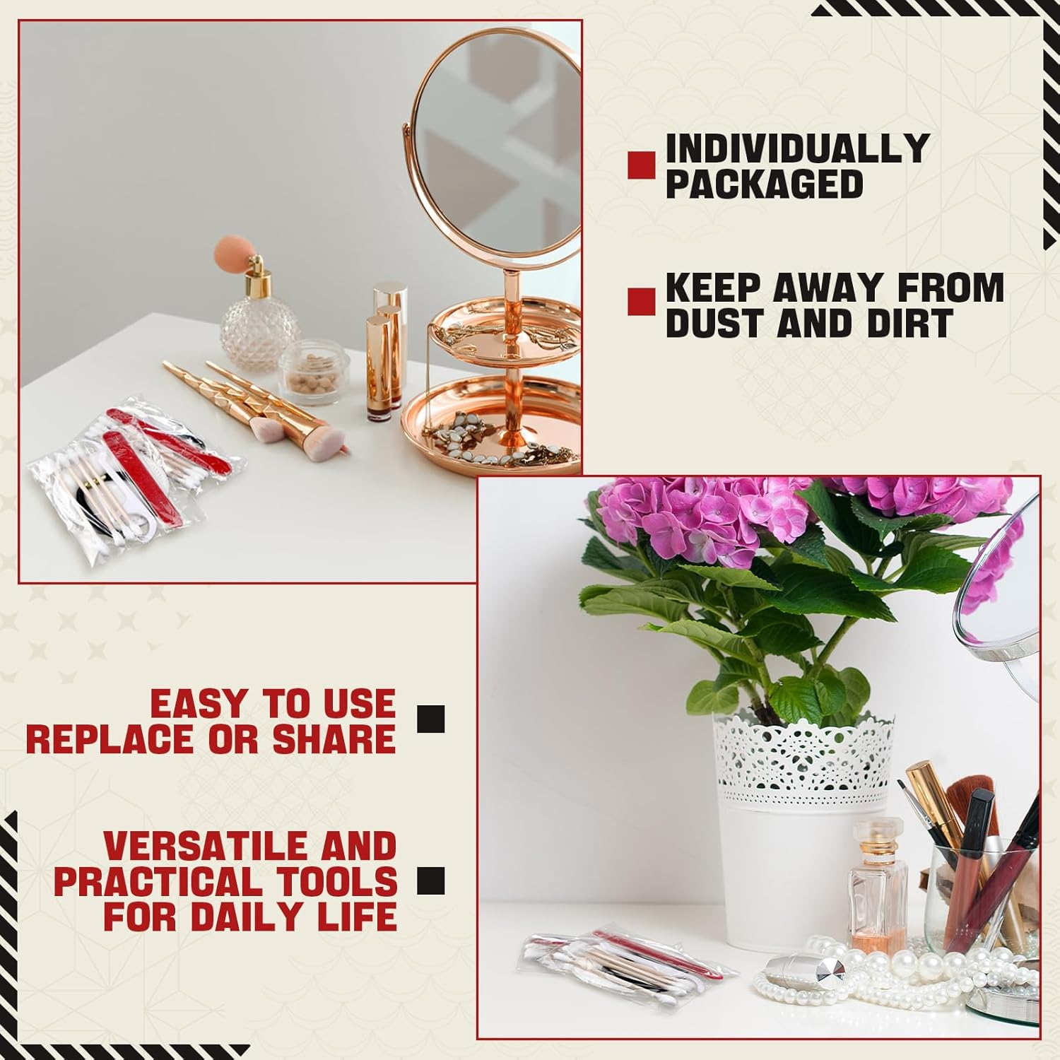 Tondiamo 100 Set Hotel Vanity Kit Individually Wrapped Travel Size Hotel Hospitality Kit Include Disposable Cotton Pads, Cotton Swabs, Hair Tie, Nail File, Dental Floss for Motels Toiletries image number 5