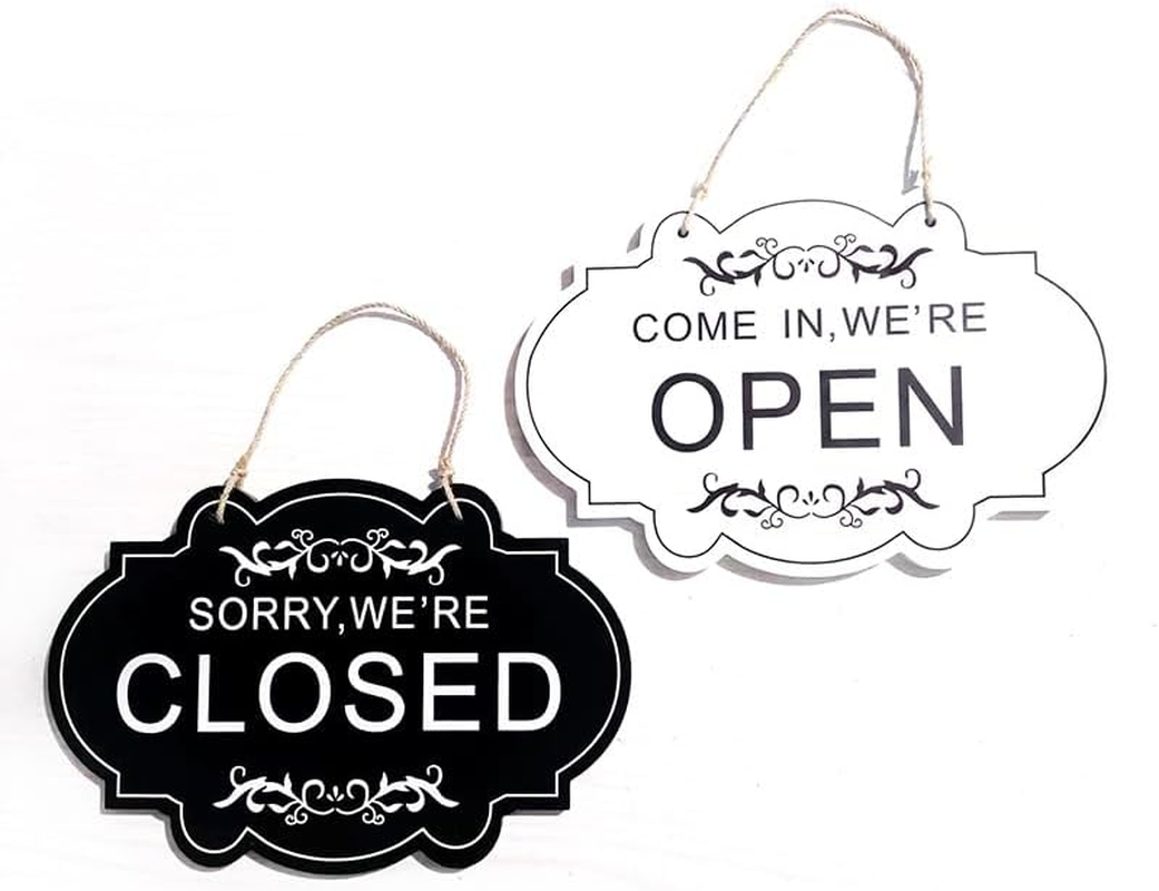 Store Open and Closed Business Sign Two-Sided Reversible Vintage Open and Closed Business Sign for Stores, Coffee Bars, and Shops, in White and Black Colors