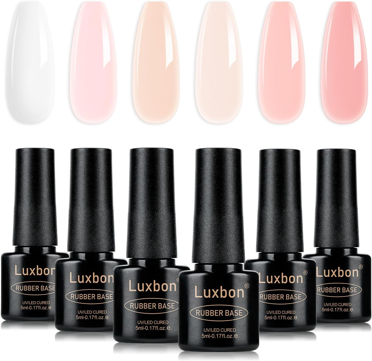 Luxbon 5 in 1 Rubber Base Colour Gel Nail Polish Set, 6 Colours Apex Building Self-Leveling Nude Gel Polish Pink Peach Nail Polish Neutral Sheer for Nails UV LED Soak off Gifts for Women Kit 008