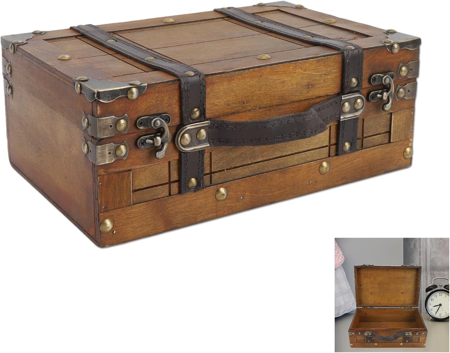Wooden Chest Portable Vintage Distressed Multifunctional Wood Storage Trunk Handbag for Clothes Toys Photo Prop image number 2