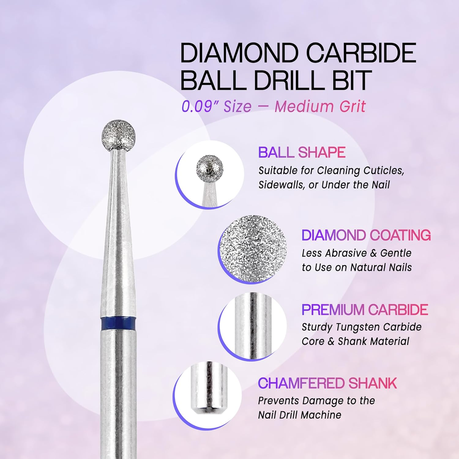 PANA 3/32&rdquo; Diamond Nail Drill Bit (Medium Grit) - Professional Cuticle Nail Drill Bits for Acrylic Gel Nails Dry Manicure Pedicure Shape Remove Tools (Ball Bit, Style 02) image number 2