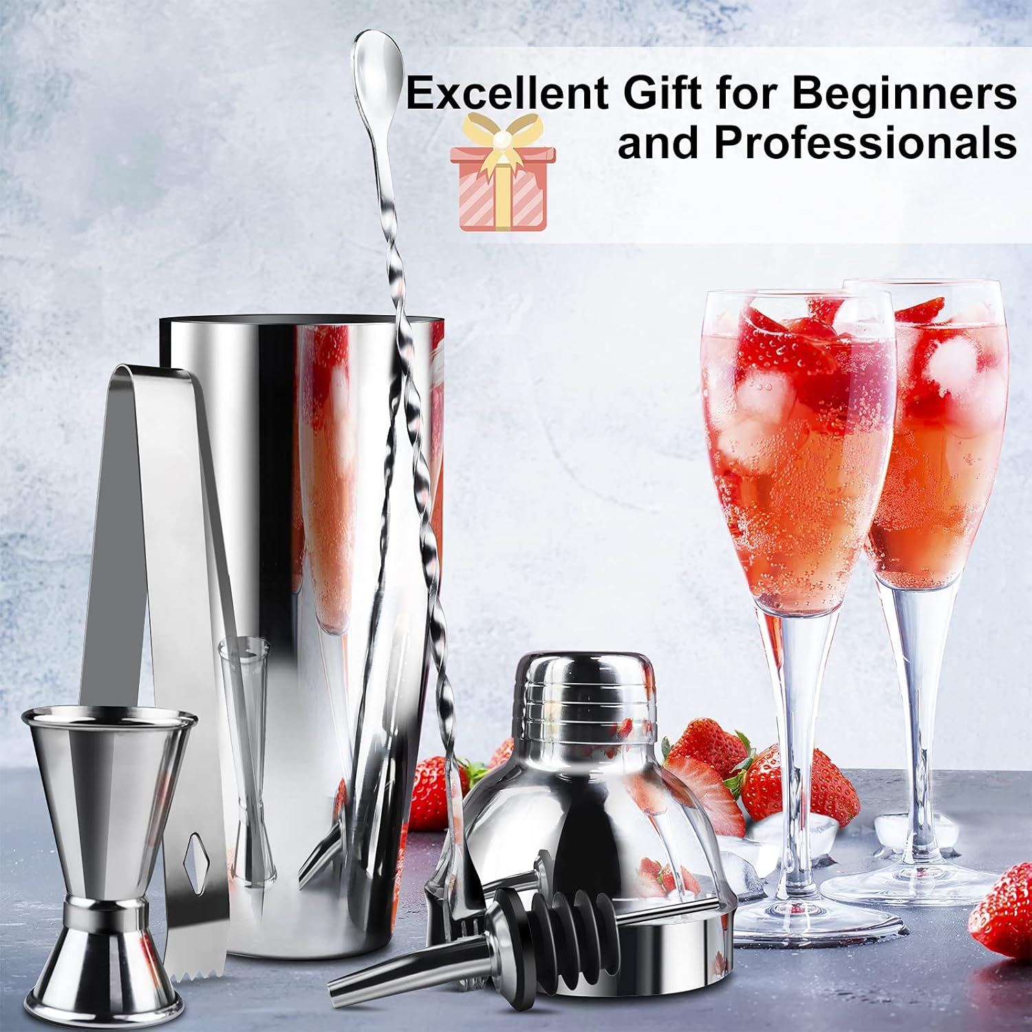 Cocktail Shaker Set|8Pcs Cocktail Making Set Stainless Steel 750Ml Shakers|Bartender Kit Bar Tool Set with Strainer, Pourers, Muddler, Double Jigger, Mixing Spoon at Home & Bar Gift Set image number 2
