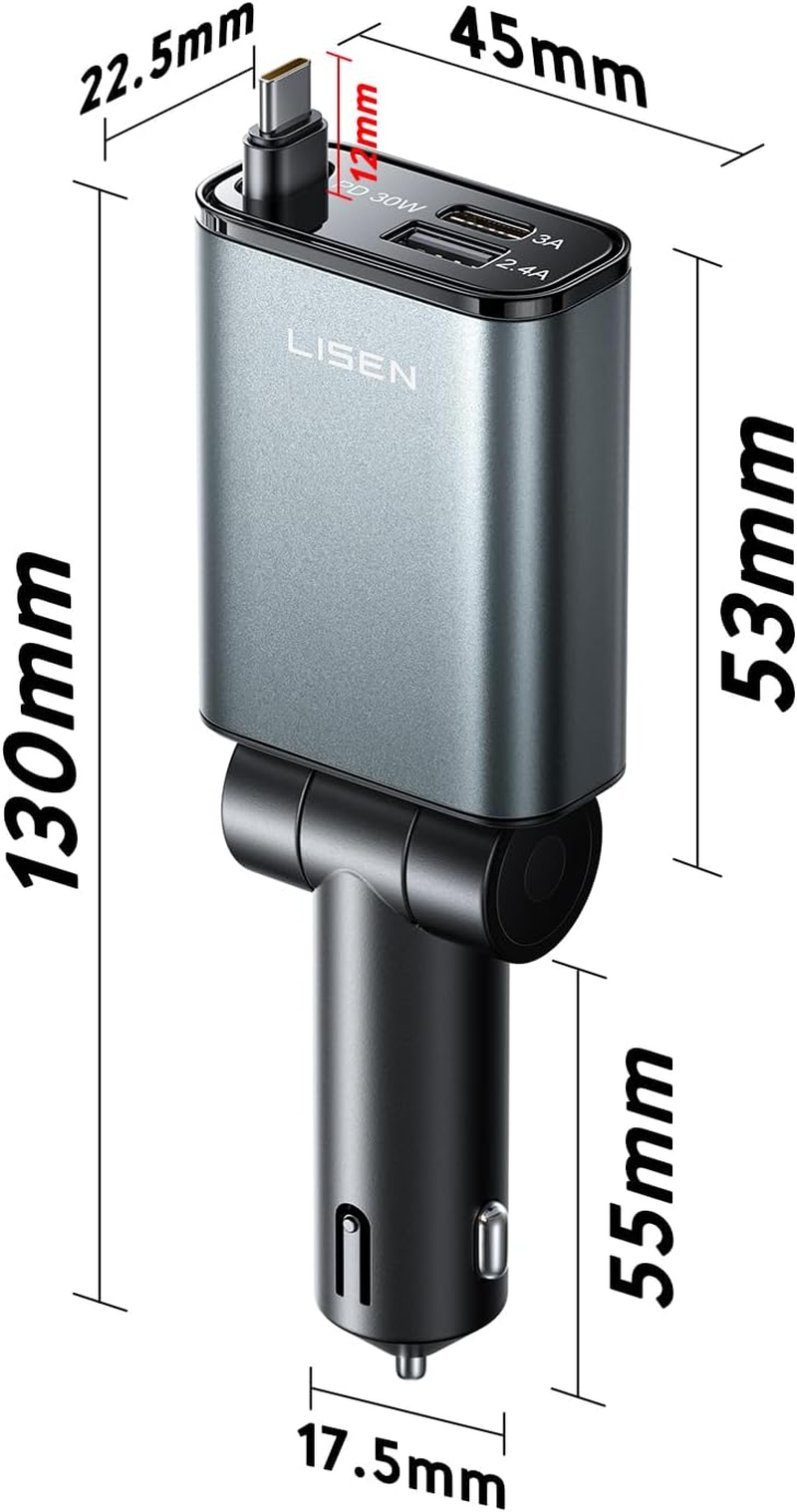 LISEN Retractable Car Charger USB C Fast Charging,【75% Less Space,Ultra Mini】57W Fast Car Charger Retractable for Iphone 16E 16 15 Pro Max Plus，Samsung Galaxy S25 S24 Ultra Plus，Android，Usb C Devices