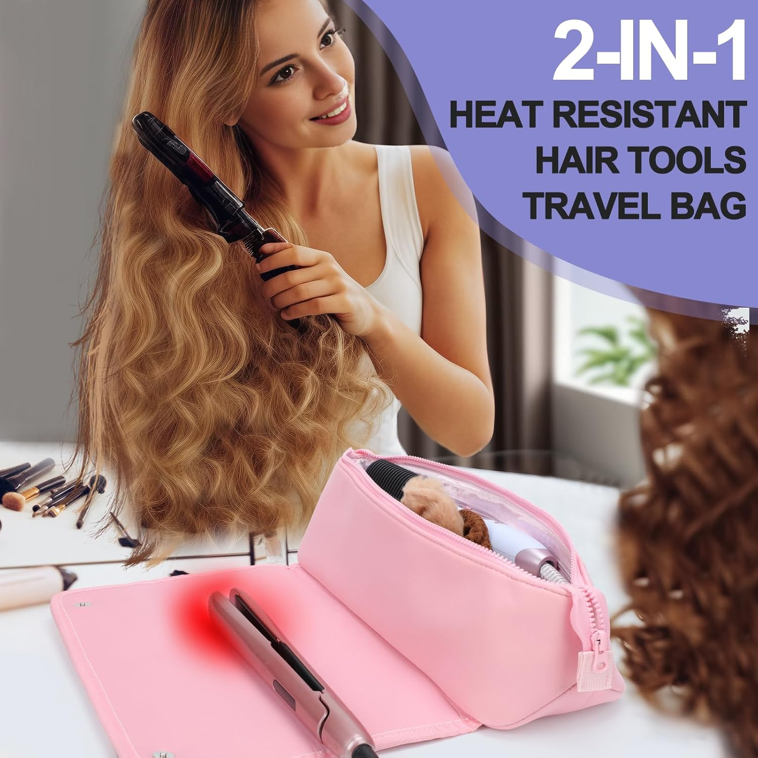 BAQRAXIA Heat Protection Case, Heat Resistant Bag for Straighteners, Hair Tools Travel Bag, Pink, Pink, Heat Resistant Straightener Bag image number 4