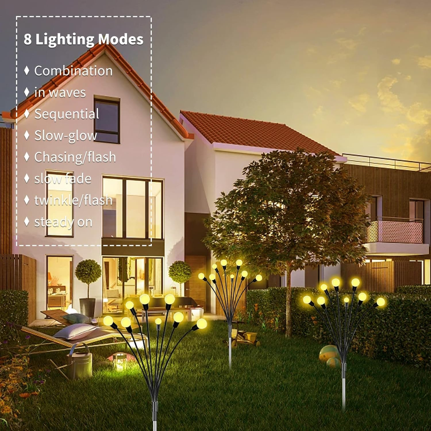 Solar Lights Outdoor Waterproof,4Pack Total 32 LED Solar Powered Garden Lights，Big Bulb Swaying Lights, 8 Lighting Modes Firefly Light for Patio Yard Decorative Yellow image number 3