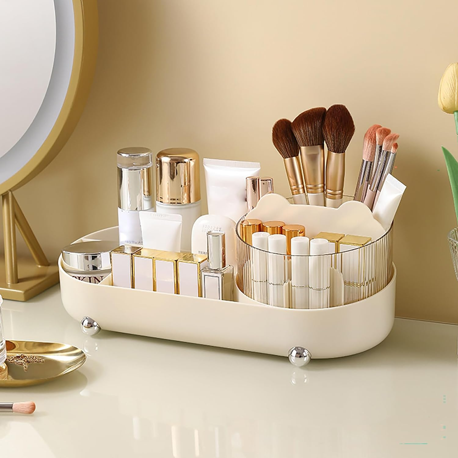 Taoluwin Makeup Organizer, 360&deg; Rotating Cosmetics Organizer, Makeup Storage Drawer Case, Desktop Brush Holder for Lipstick, Brushes, Skincare, 34.5X14.7X14.3 Cm image number 3