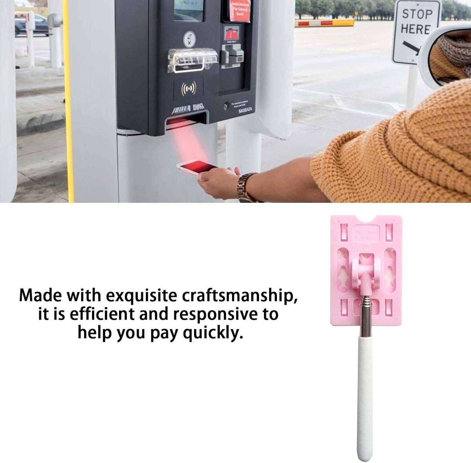 Telescopic Rod Card Holder, Parking Card Holder Toll Rod Extendable Reach Stick for Easy Access at Toll Booths and Garages, Multifunctional Sturdy Secure Stylish Easy to Use - Pink + Pure White image number 3