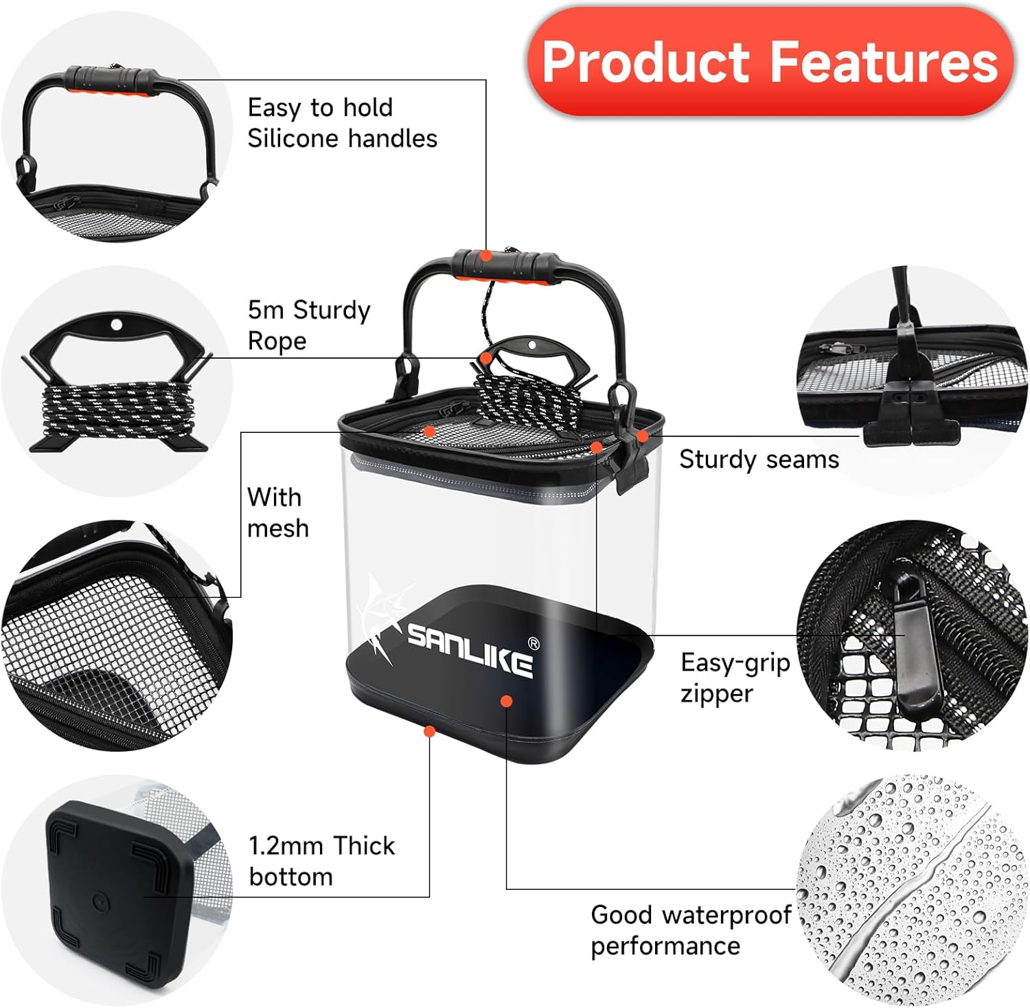 KOMCLUB Collapsible Bucket Foldable Portable Water Bucket with Handle for Camping Fishing Hiking Travelling Gardening 12L Transparent image number 4