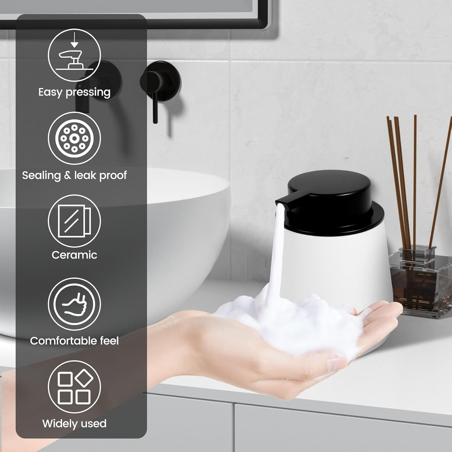 Fwqofvk Ceramic Black Soap Dispenser, Safe Ceramic Dish Liquid Dispensing Container, Lotion Soap Pump for Bathroom 12.5X9.5X9.5Cm (White) image number 1