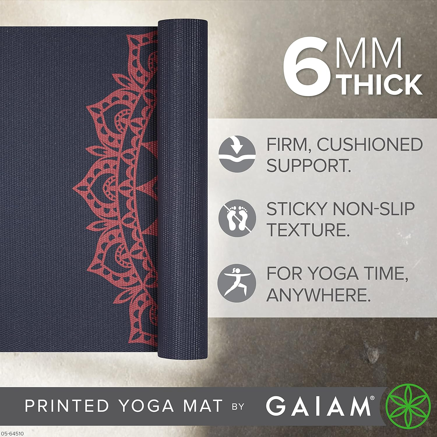 Gaiam Yoga Mat - Premium 6Mm Print Extra Thick Non Slip Exercise & Fitness Mat for All Types of Yoga, Pilates & Floor Workouts (68"L X 24"W X 6Mm Thick) - Luminary image number 6