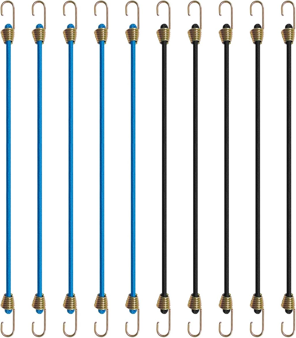 NILLOS Elastic Bungee Cords, 10 PCS Black and Blue Elastic Rope Rubber Strap with Metal Hooks for Bikes, Wire Racks, Tents, Luggage (About 27Cm/10.6In) image number 5