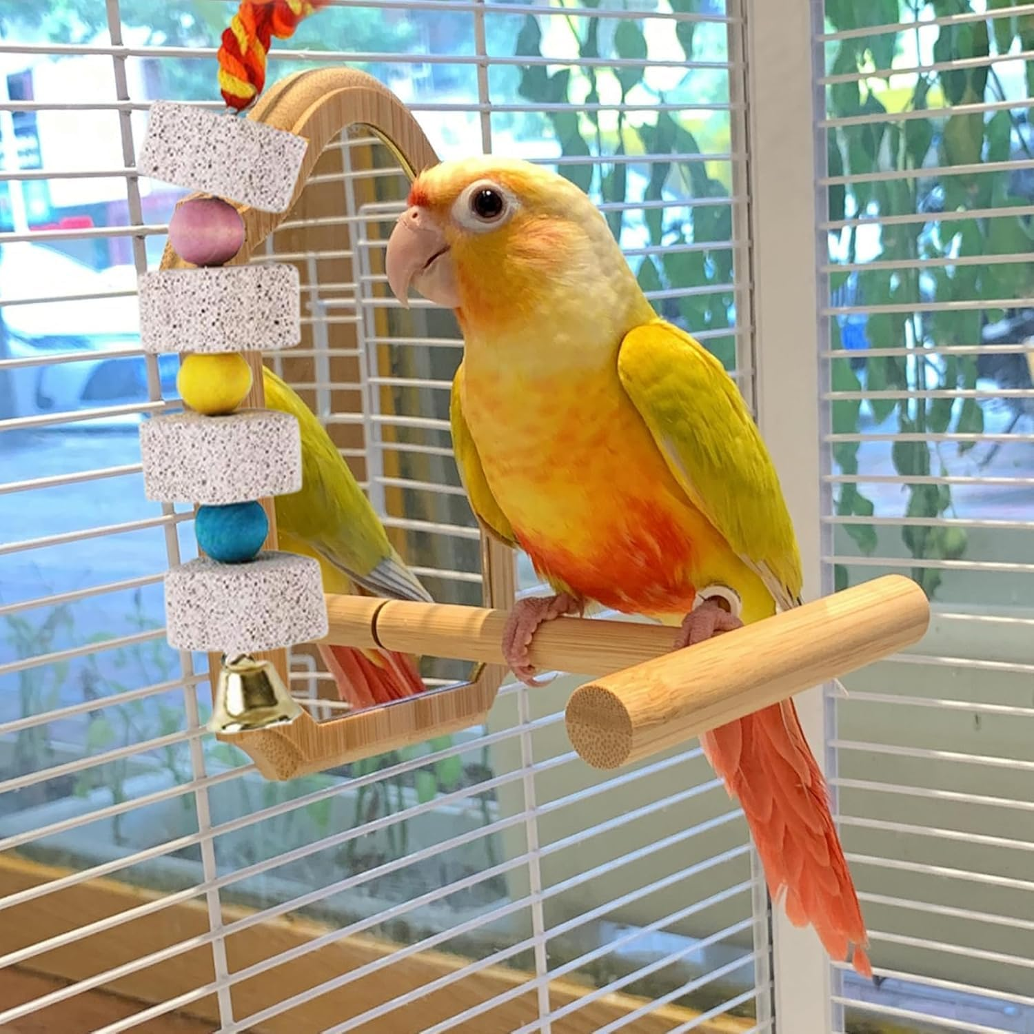 Bird Beak Grinding Stone with Bell, 2Pcs Parrot Beak Trim Calcium Stone Cage Toys, Pet Bird Chew Toy Lava Stone Parrot Chewing Toy Beak Trimmer Calcium Stone image number 1