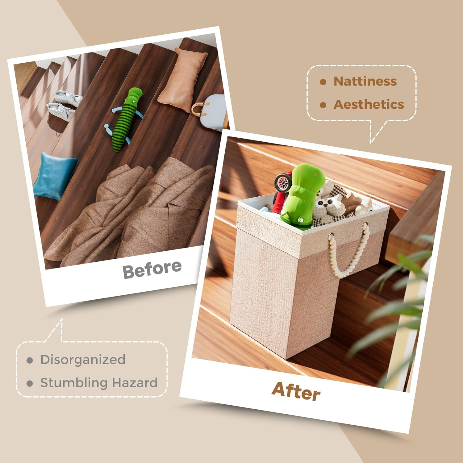 Puricon 2 Pack Stair Basket for Wooden Stairs, Stair Flax Step Storage Basket with Rope Handles Foldable Durable Staircase Storage Organizer for Home Carpeted Stairs -Apricot image number 3