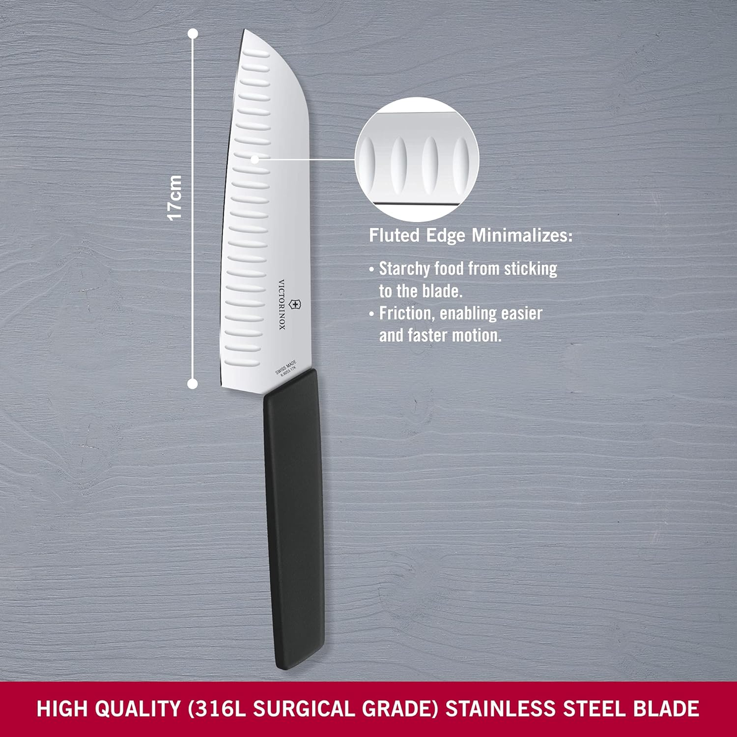 Victorinox 6.9053.17KB Swiss Modern Santoku Knife for General-Purpose Slicing, Dicing, Mincing, and Everything in between Fluted Edge Blade in Black, 6.7 Inches - Green image number 4