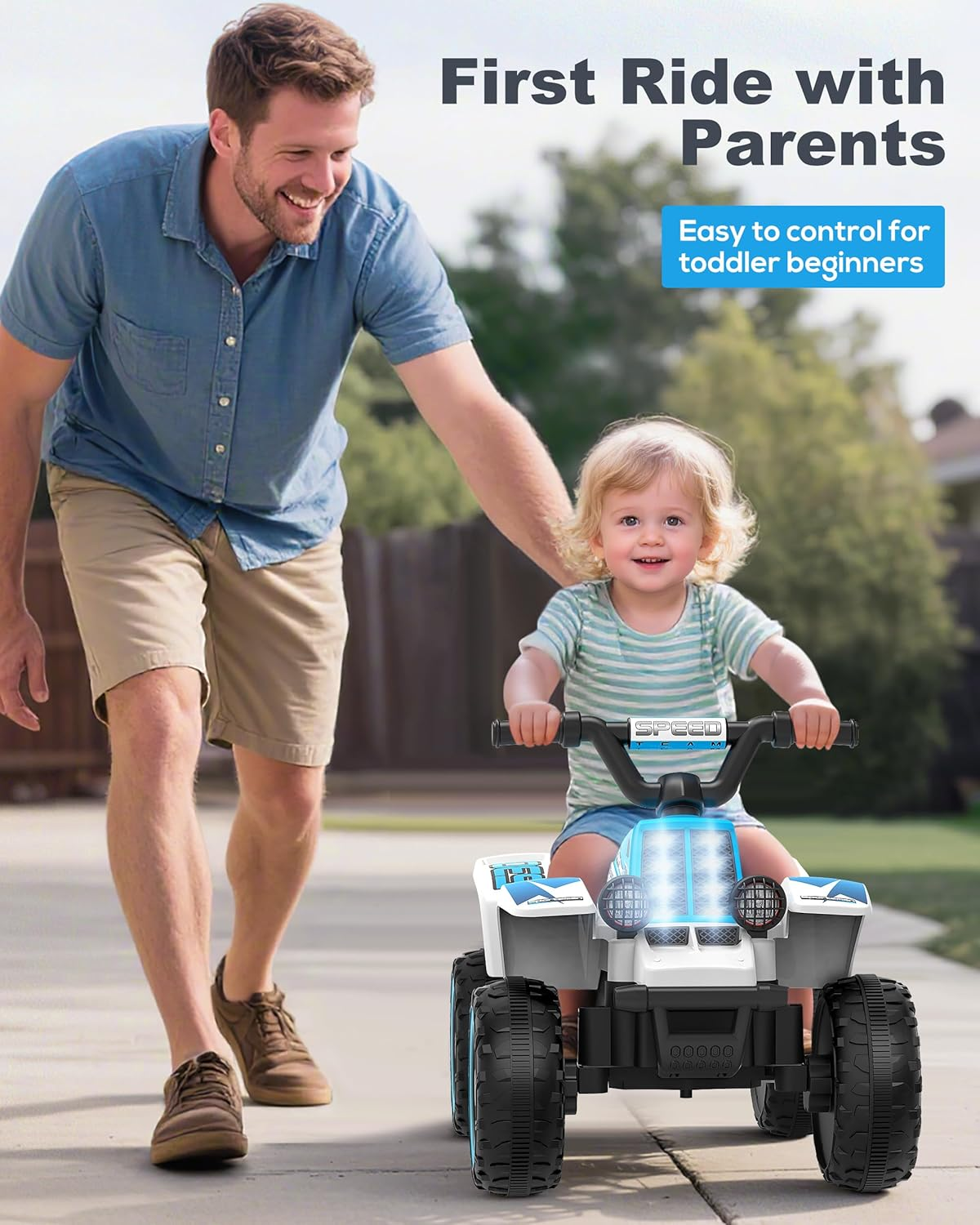 ANPABO 6V 7AH Kids ATV Ride on Toy, 4 Wheeler for Toddler W/Headlight, Forward & Reverse, Horn, Music Player, USB, MP3, Treaded Tires, Ideal for Toddlers(Blue-White)