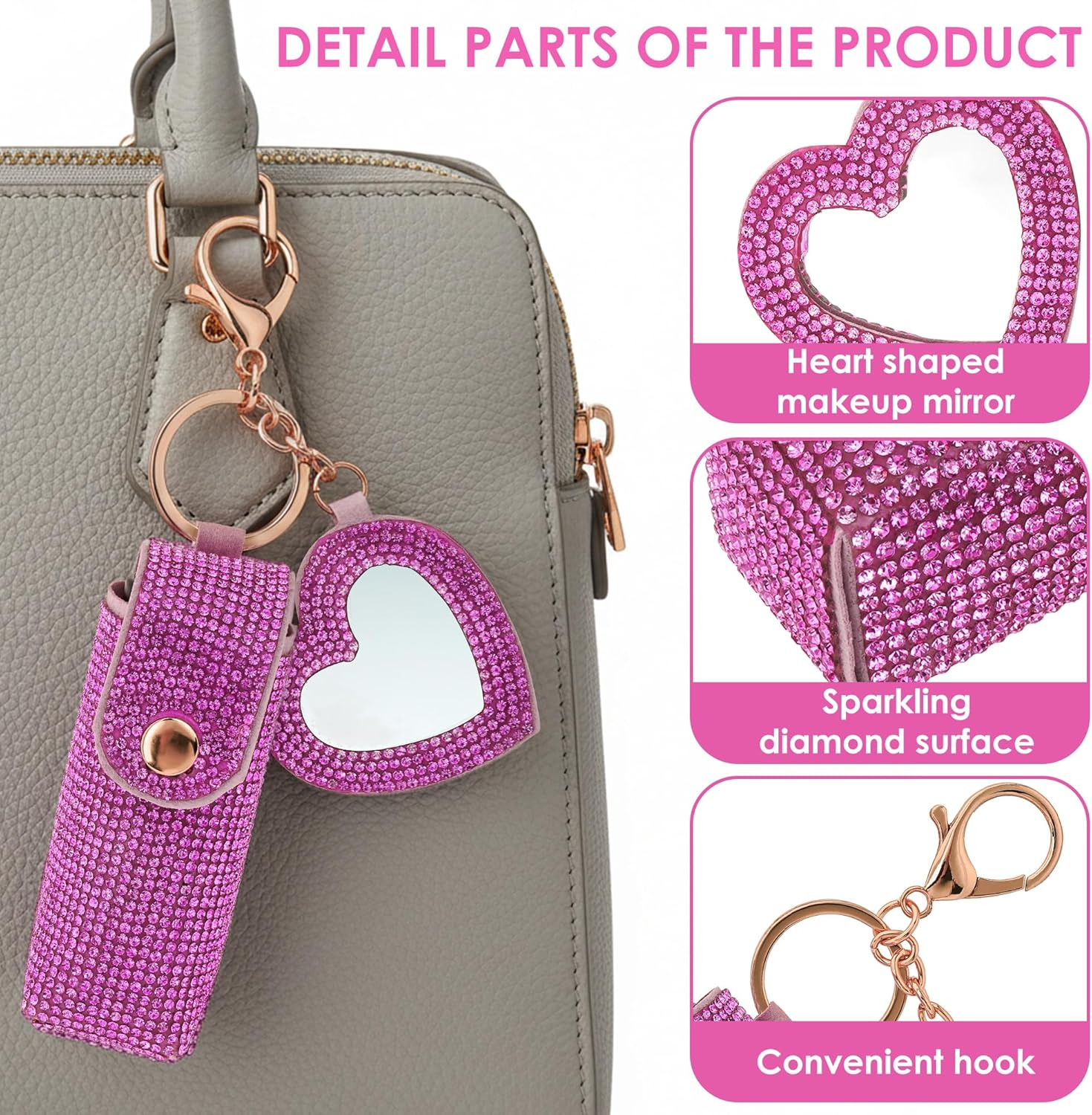 Biiange Lipstick Organizer Keychain, Rhinestone Lipstick Case with Mirror, Lip Balm Case, Lipstick Leather Holder Lip Gloss Bag for Outdoor, Party, Gathering, Home Storage, Rose Red image number 3